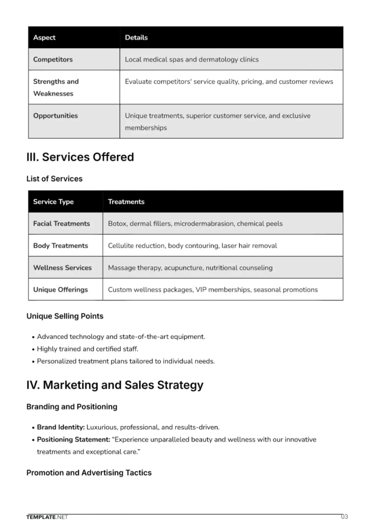 Free Medical Spa Business Plan Template to Edit Online