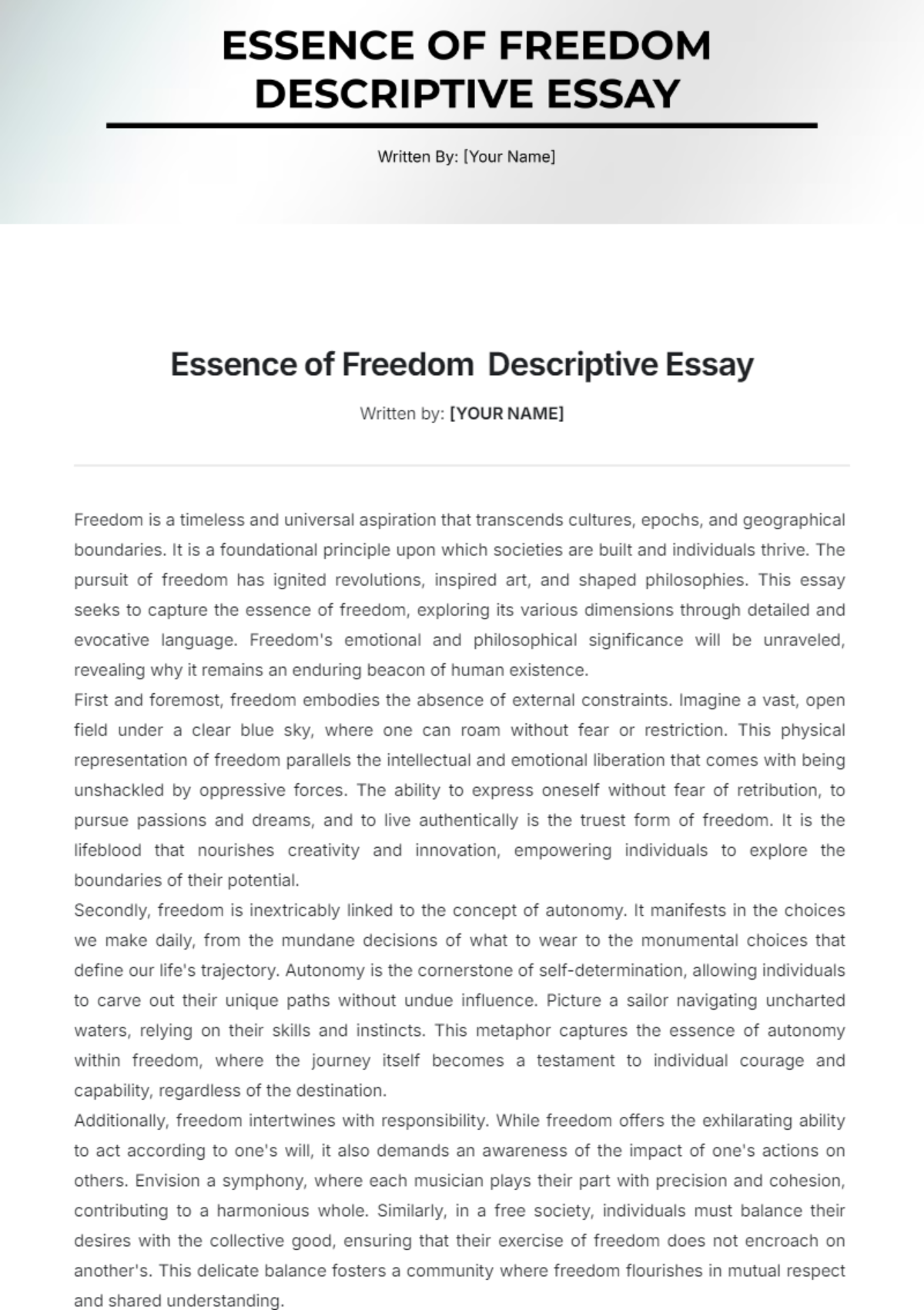 Essence of Freedom  Descriptive Essay Template - Edit Online & Download