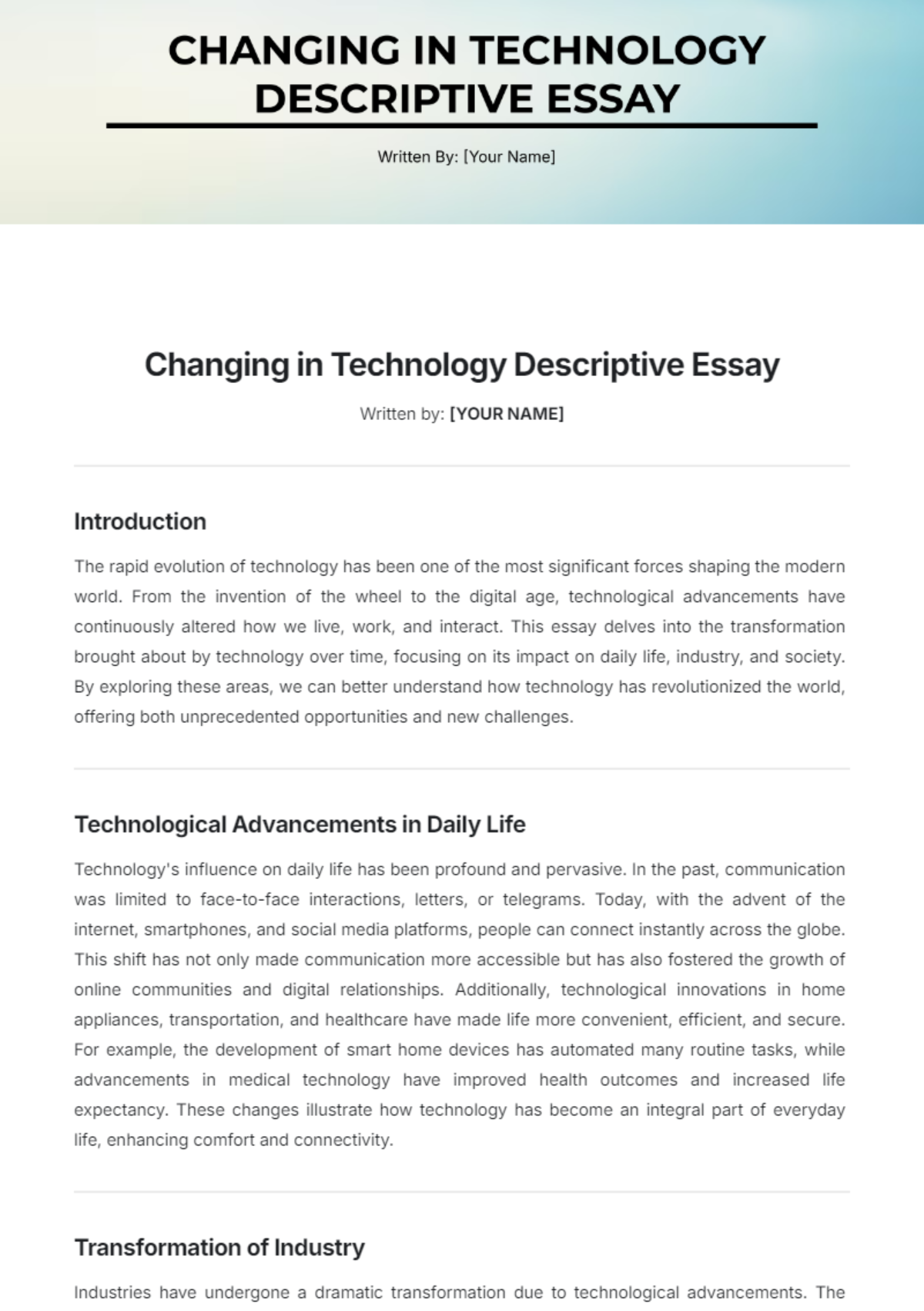 Changing in Technology Descriptive Essay Template - Edit Online & Download