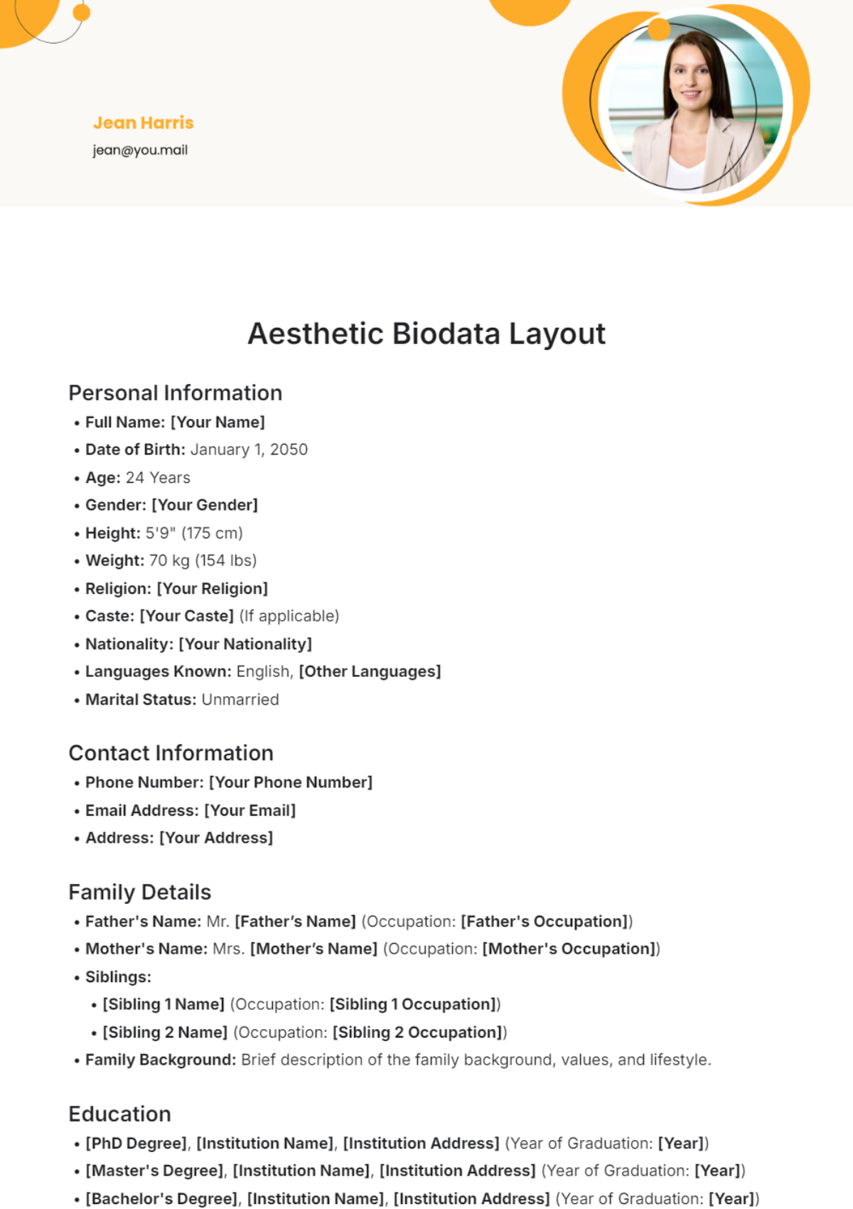 Free Biodata Templates to Edit Online & Print