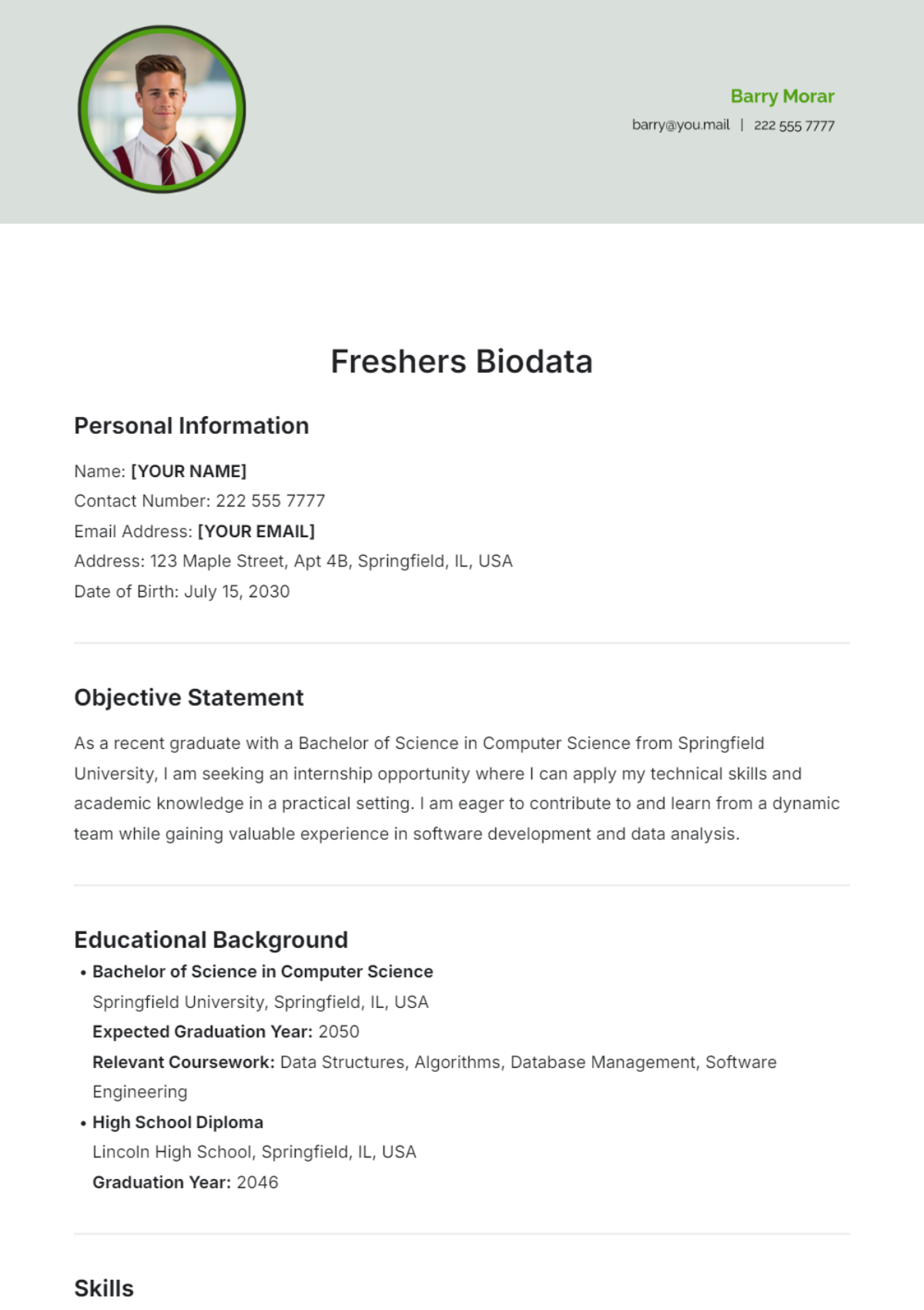 Freshers Biodata Template - Edit Online & Download