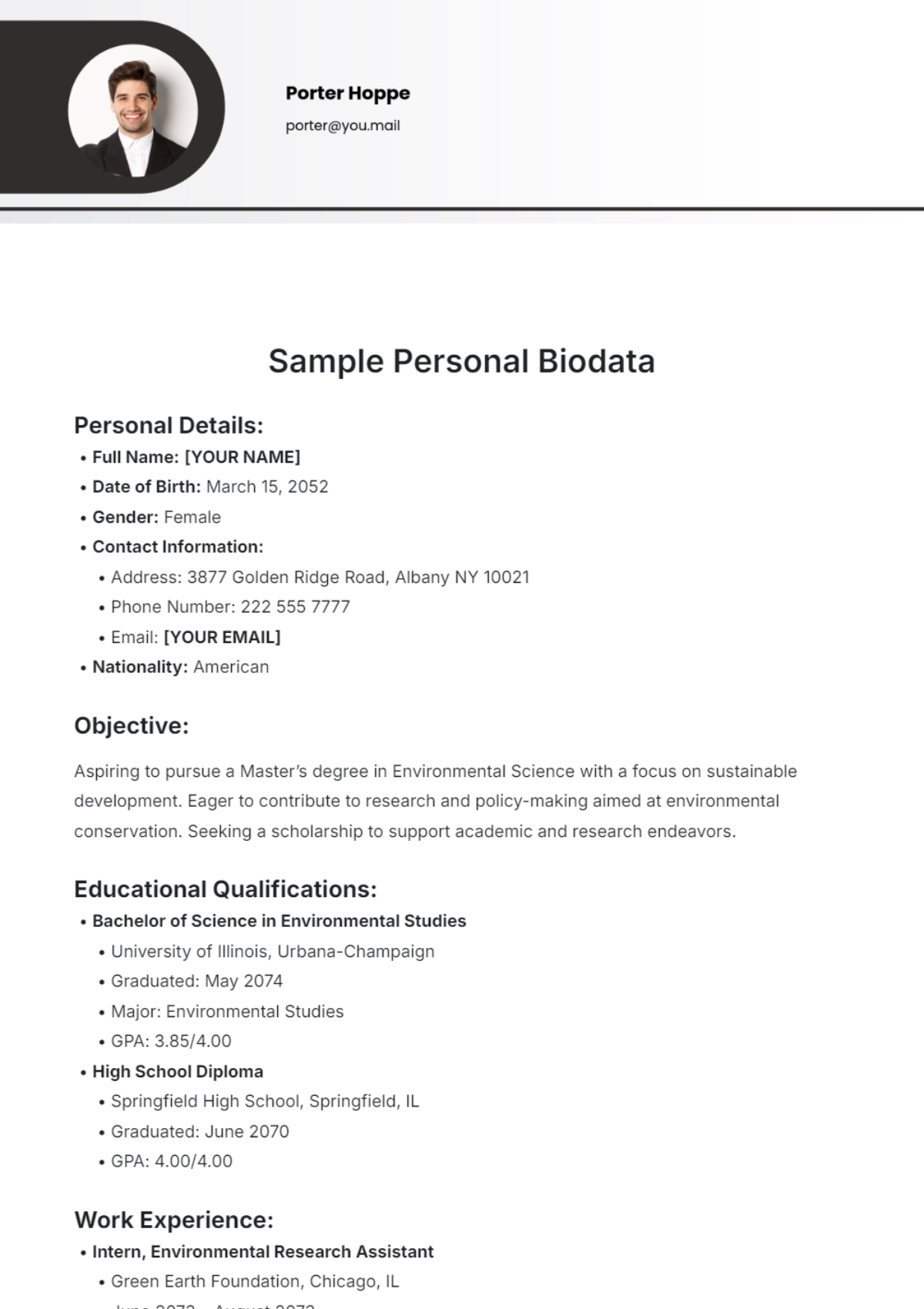 Free Sample Personal Biodata Template to Edit Online