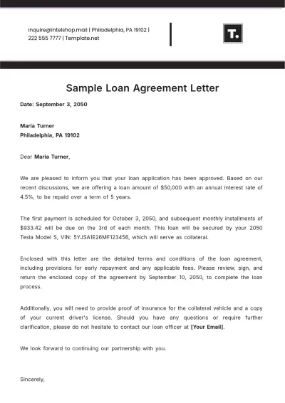 Free Sample Loan Agreement Letter Template to Edit Online