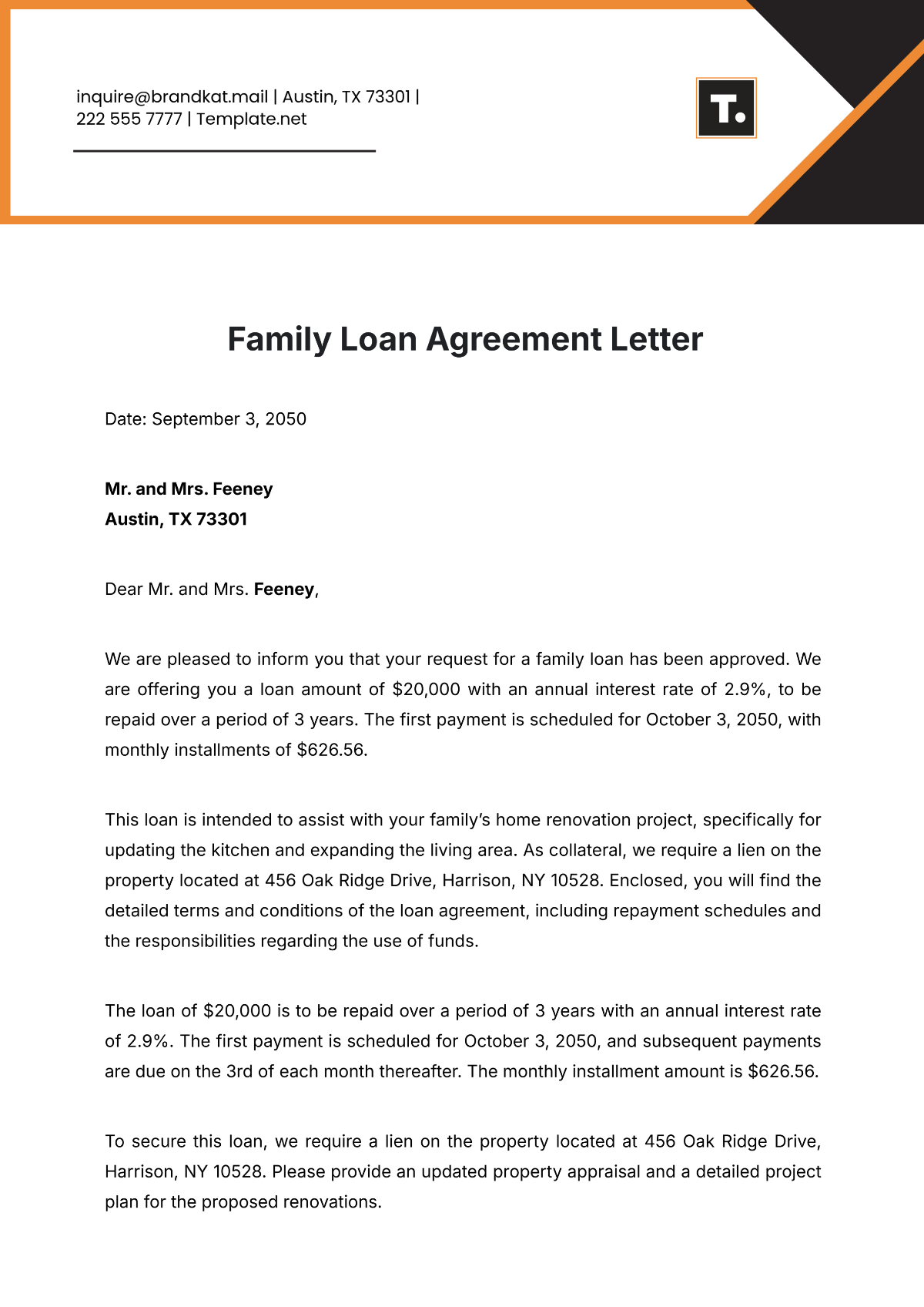 Family Loan Agreement Letter Template - Edit Online & Download