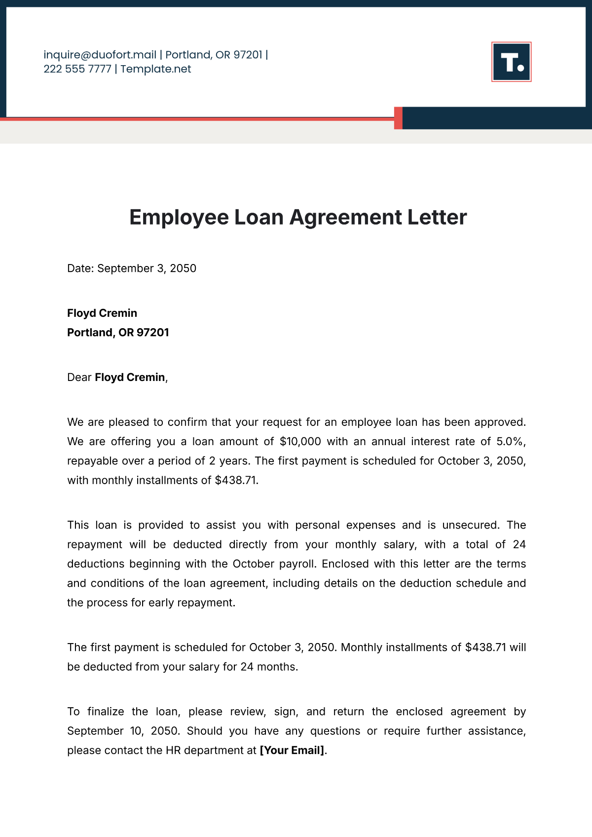 Employee Loan Agreement Letter Template - Edit Online & Download