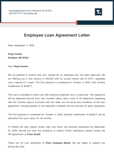 Free Employee Loan Agreement Letter Template to Edit Online