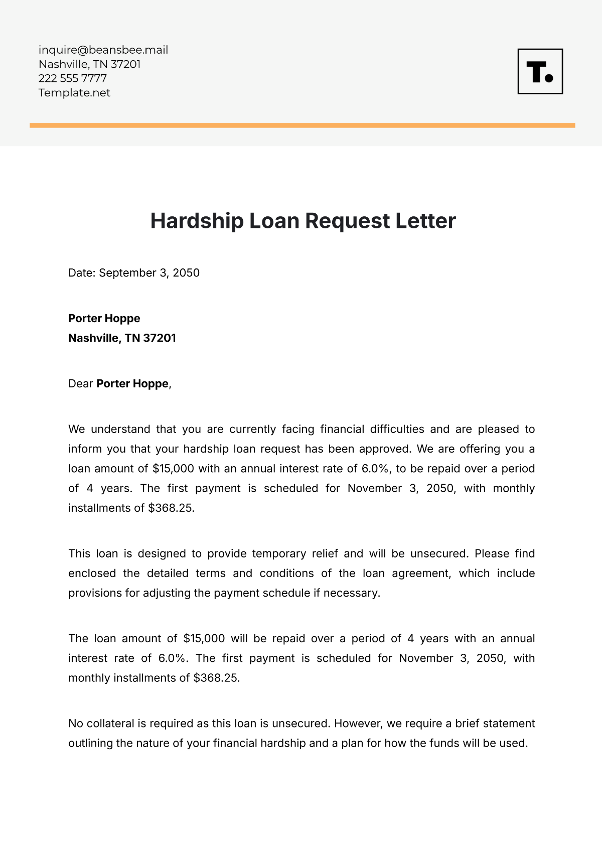 Hardship Loan Request Letter Template - Edit Online & Download