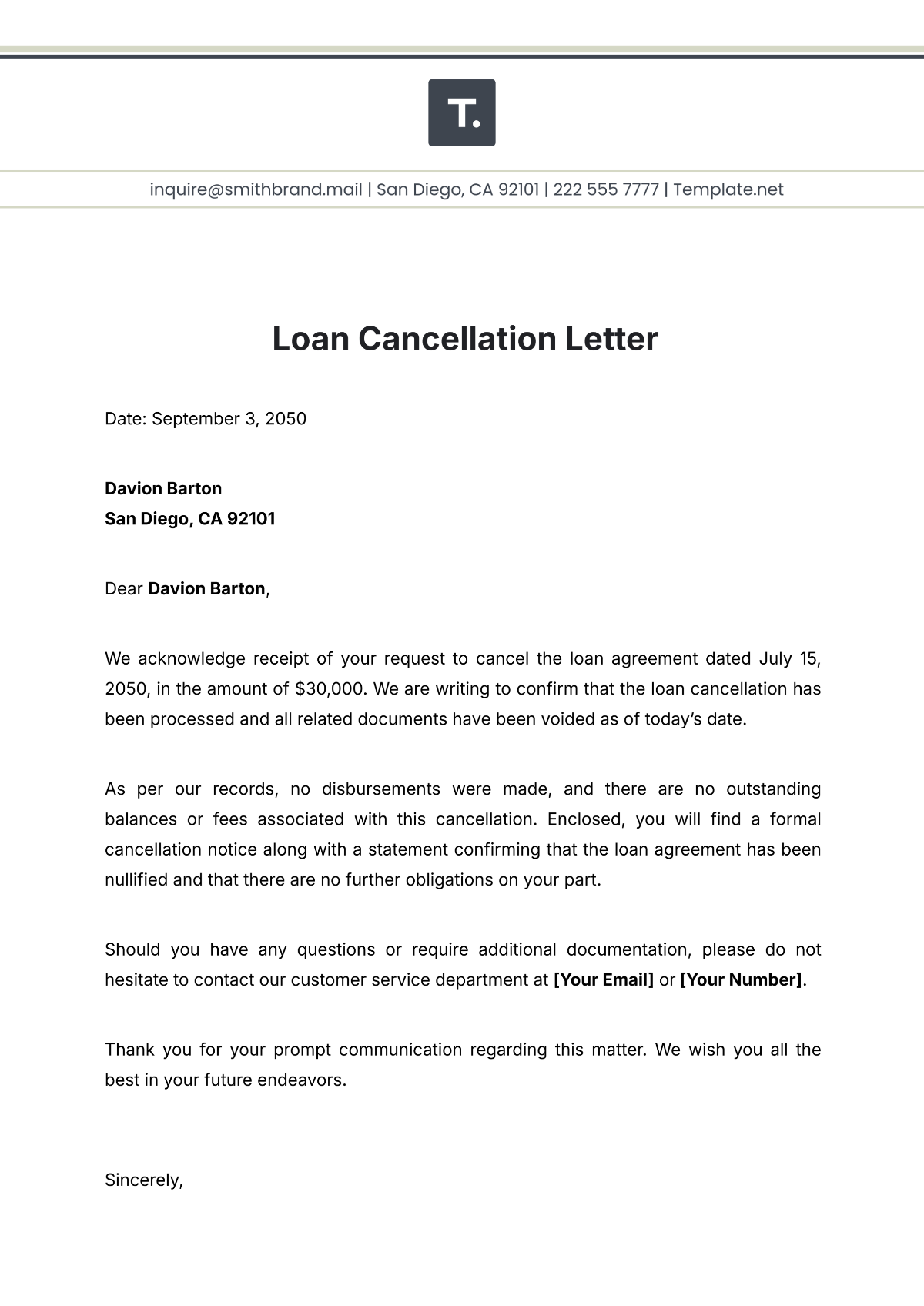 Loan Cancellation Letter Template - Edit Online & Download