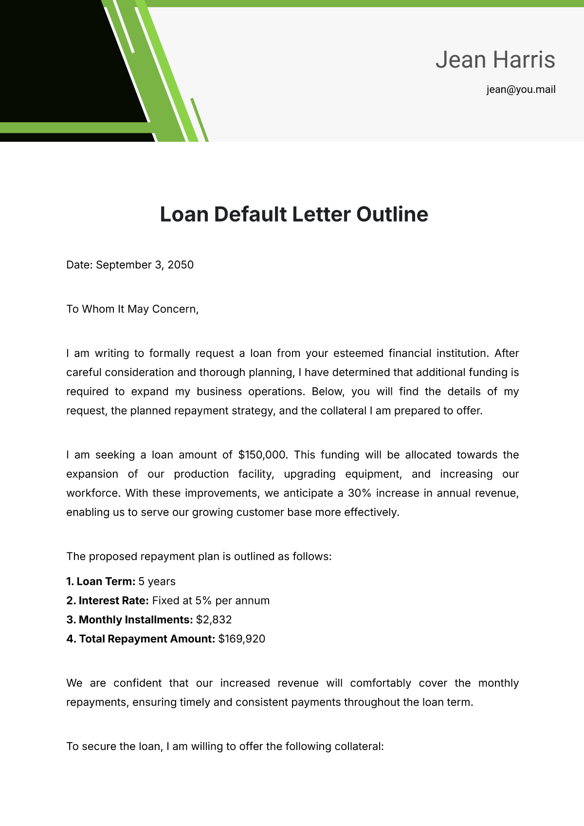 Loan Default Letter Outline Template - Edit Online & Download