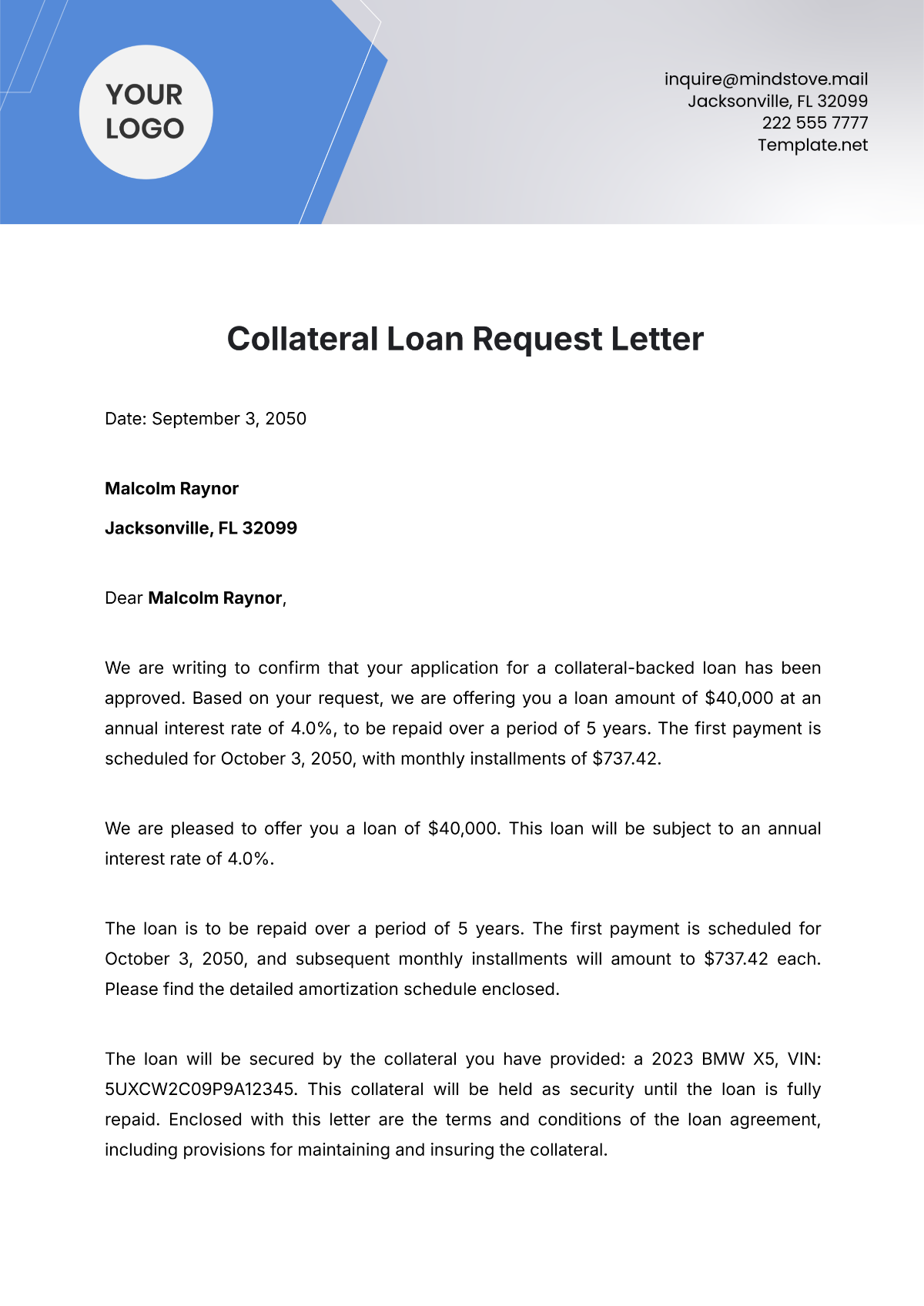 Free Collateral Loan Request Letter Template - Edit Online & Download ...