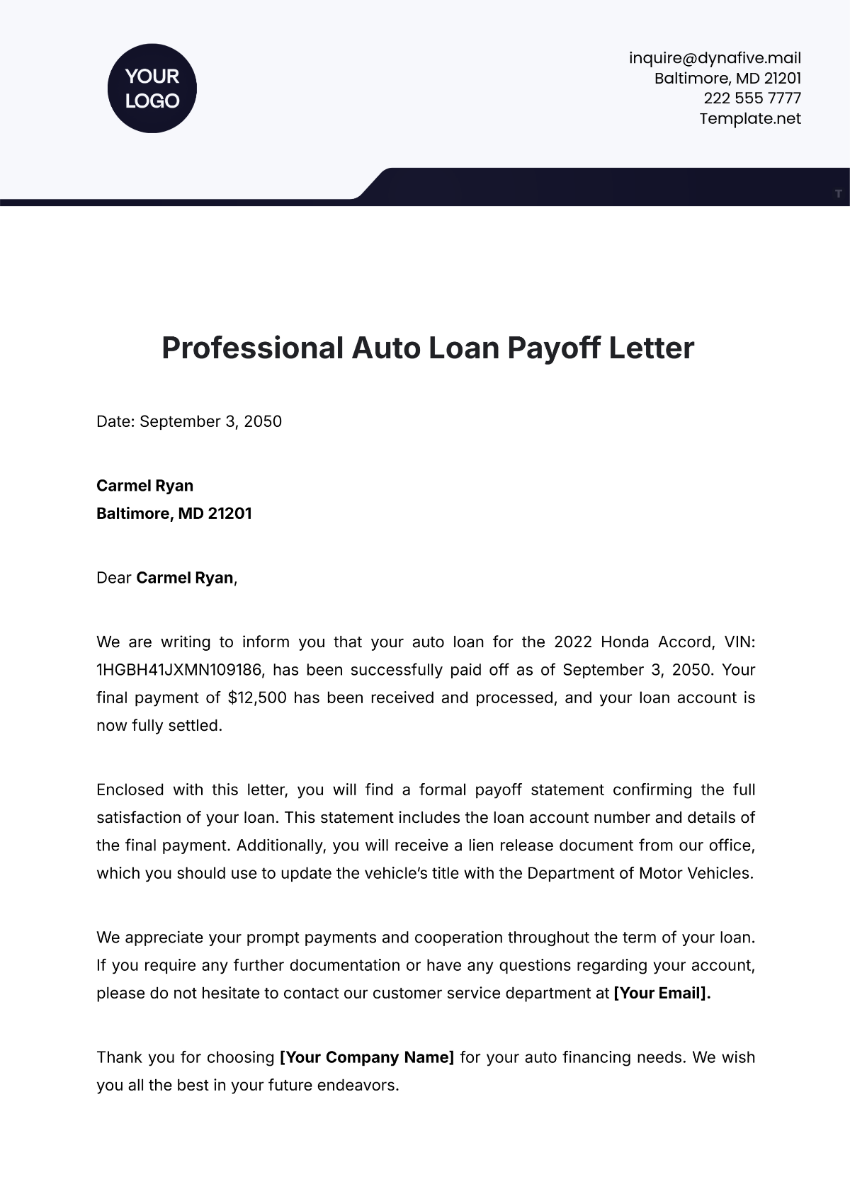 Professional Auto Loan Payoff Letter Template - Edit Online & Download