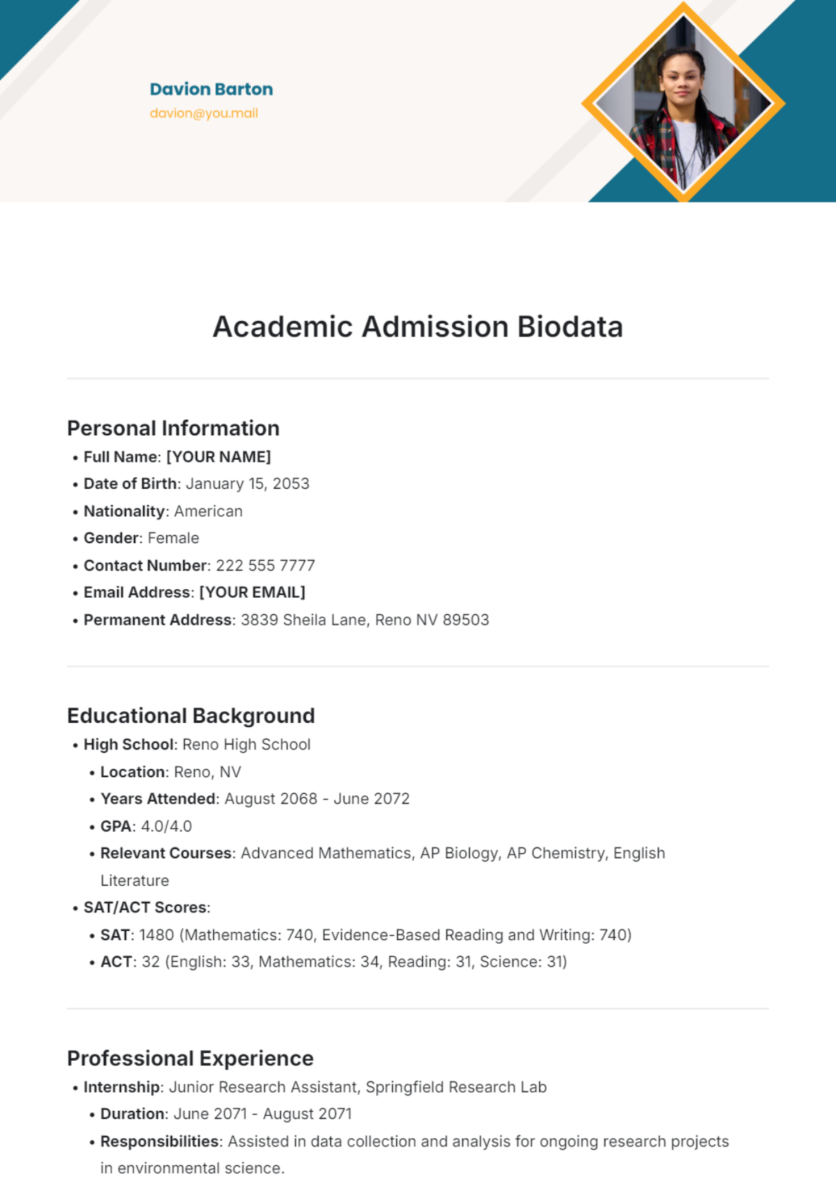 Academic Admission Biodata Template - Edit Online & Download