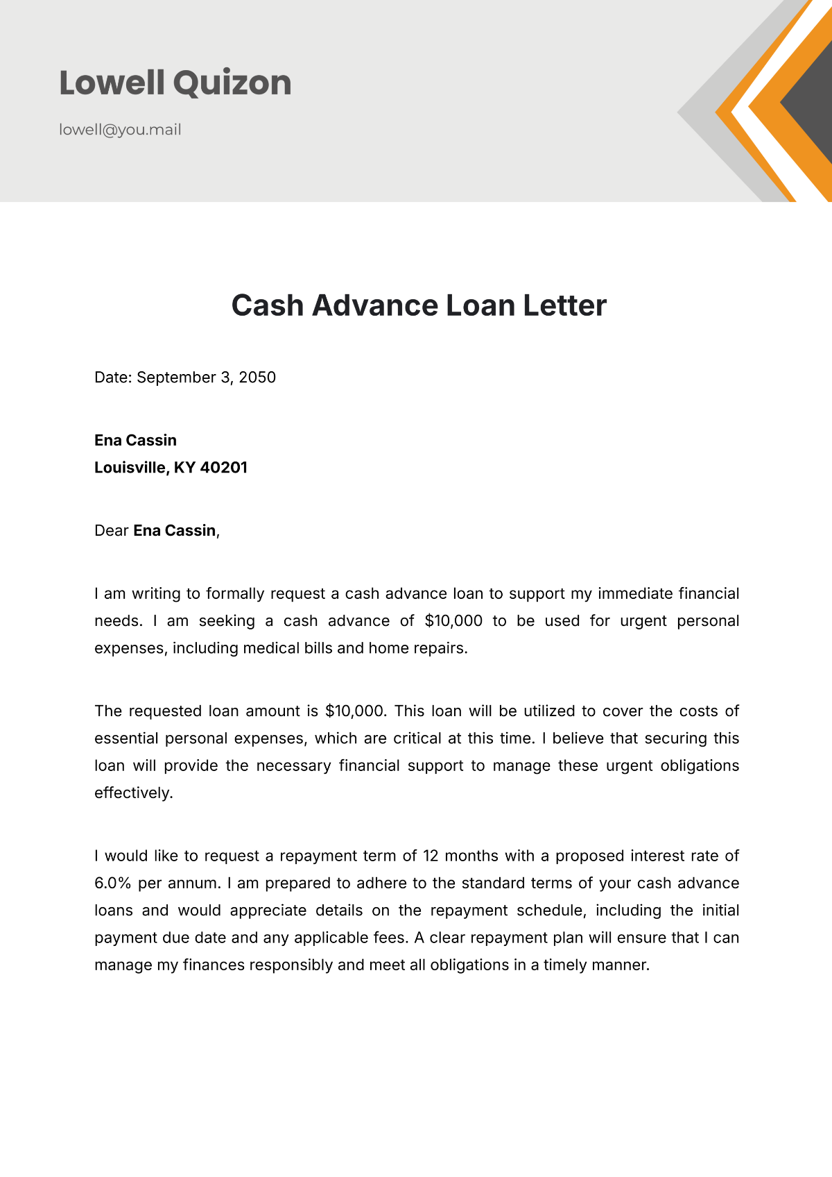 Cash Advance Loan Letter Template - Edit Online & Download