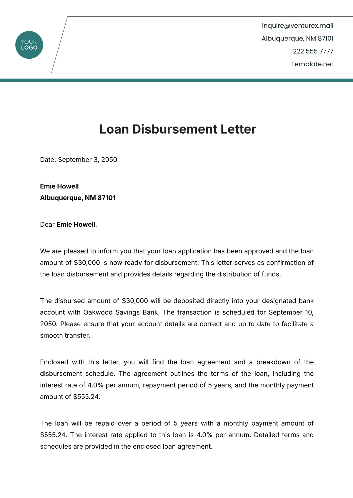 Loan Disbursement Letter Template - Edit Online & Download