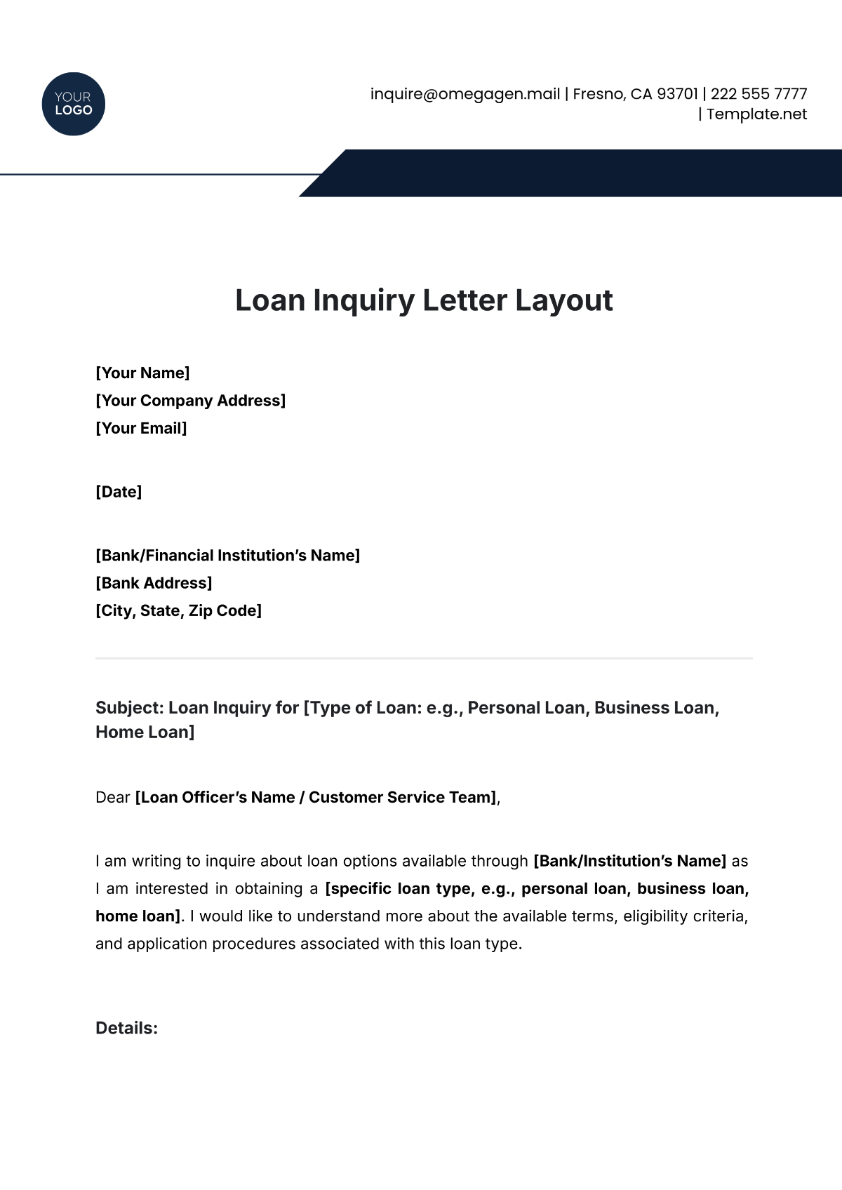 Loan Inquiry Letter Layout Template - Edit Online & Download