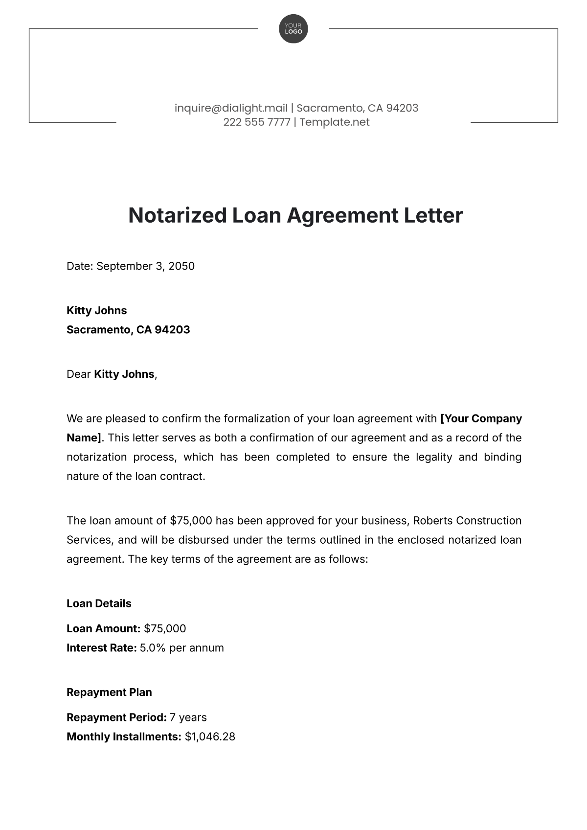 Notarized Loan Agreement Letter Template - Edit Online & Download