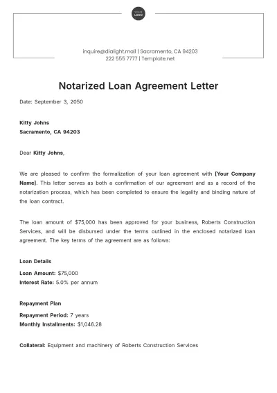 Free Notarized Loan Agreement Letter Template to Edit Online