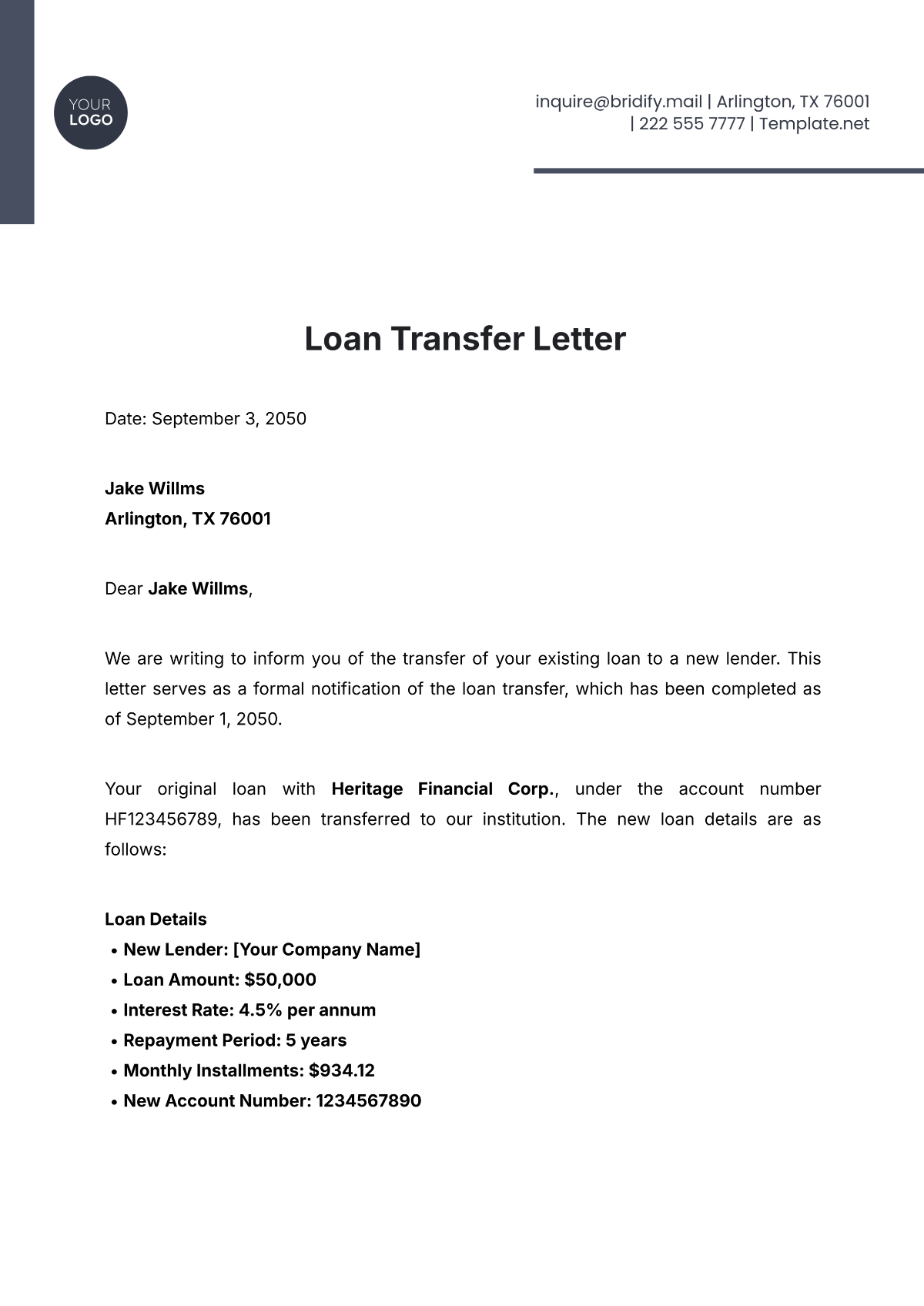 Loan Transfer Letter Template - Edit Online & Download