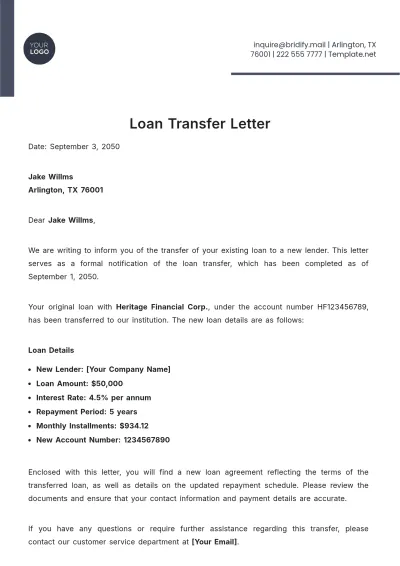 Free Loan Transfer Letter Template to Edit Online