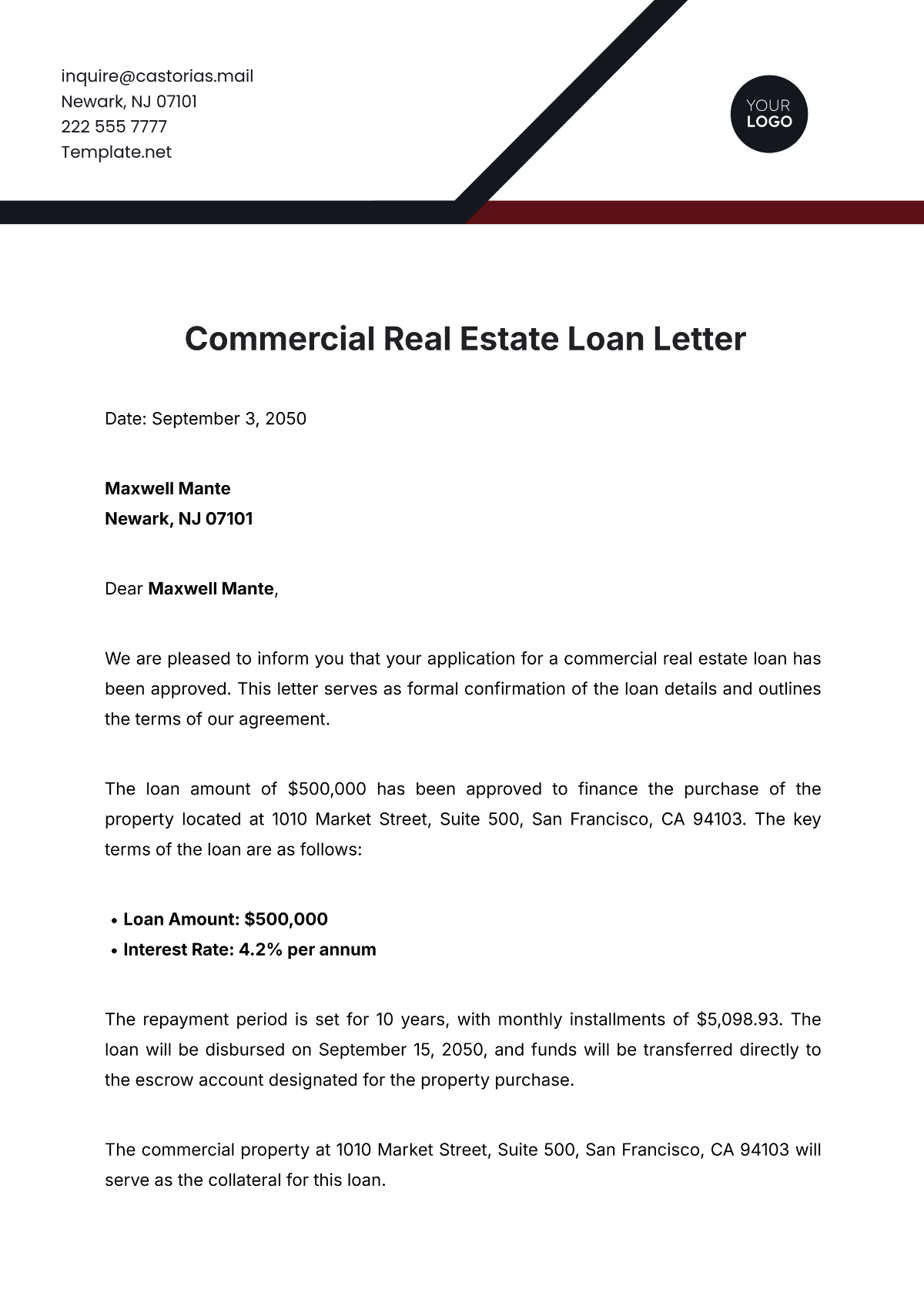 Commercial Real Estate Loan Letter Template - Edit Online & Download