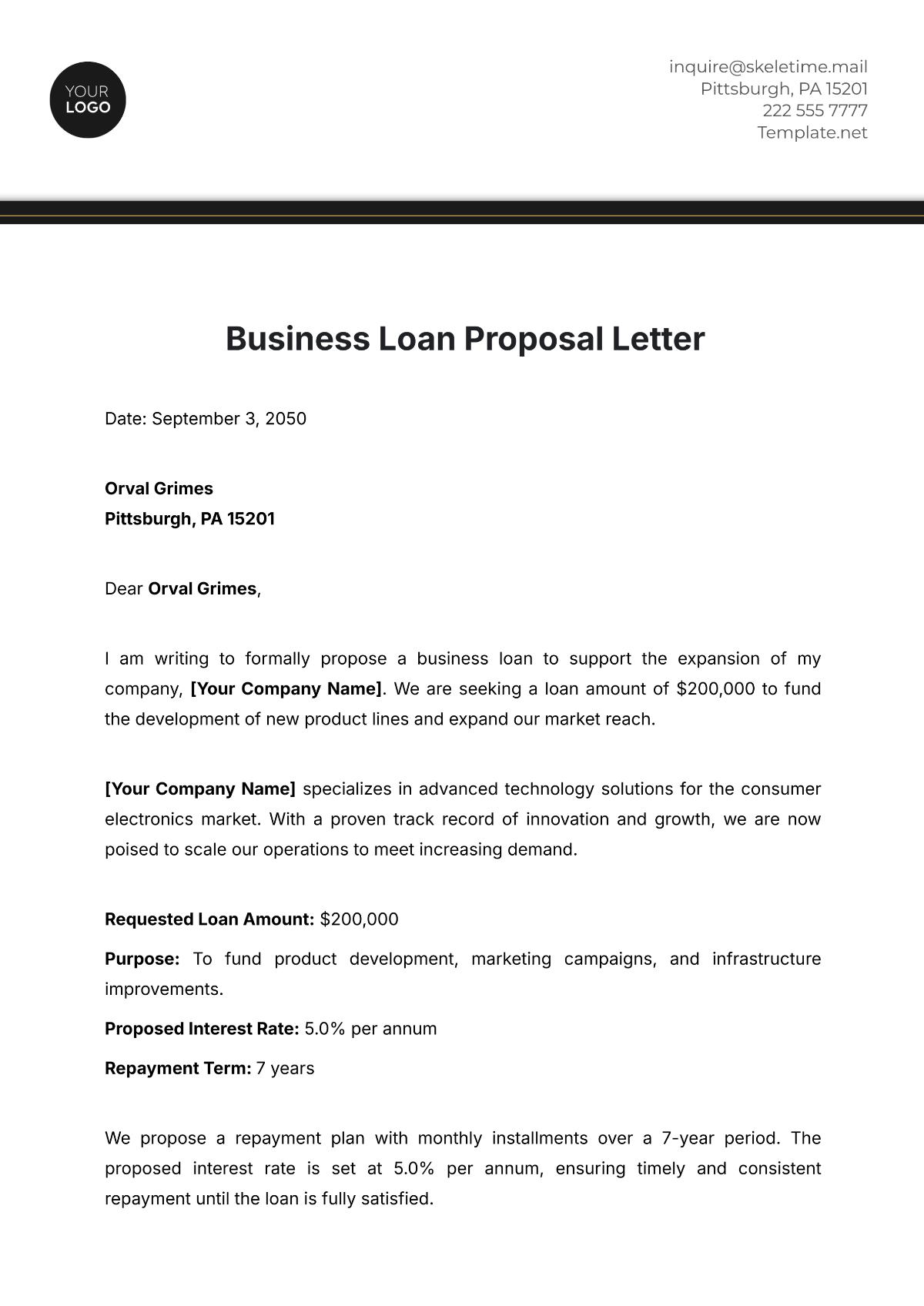 Business Loan Proposal Letter Template - Edit Online & Download