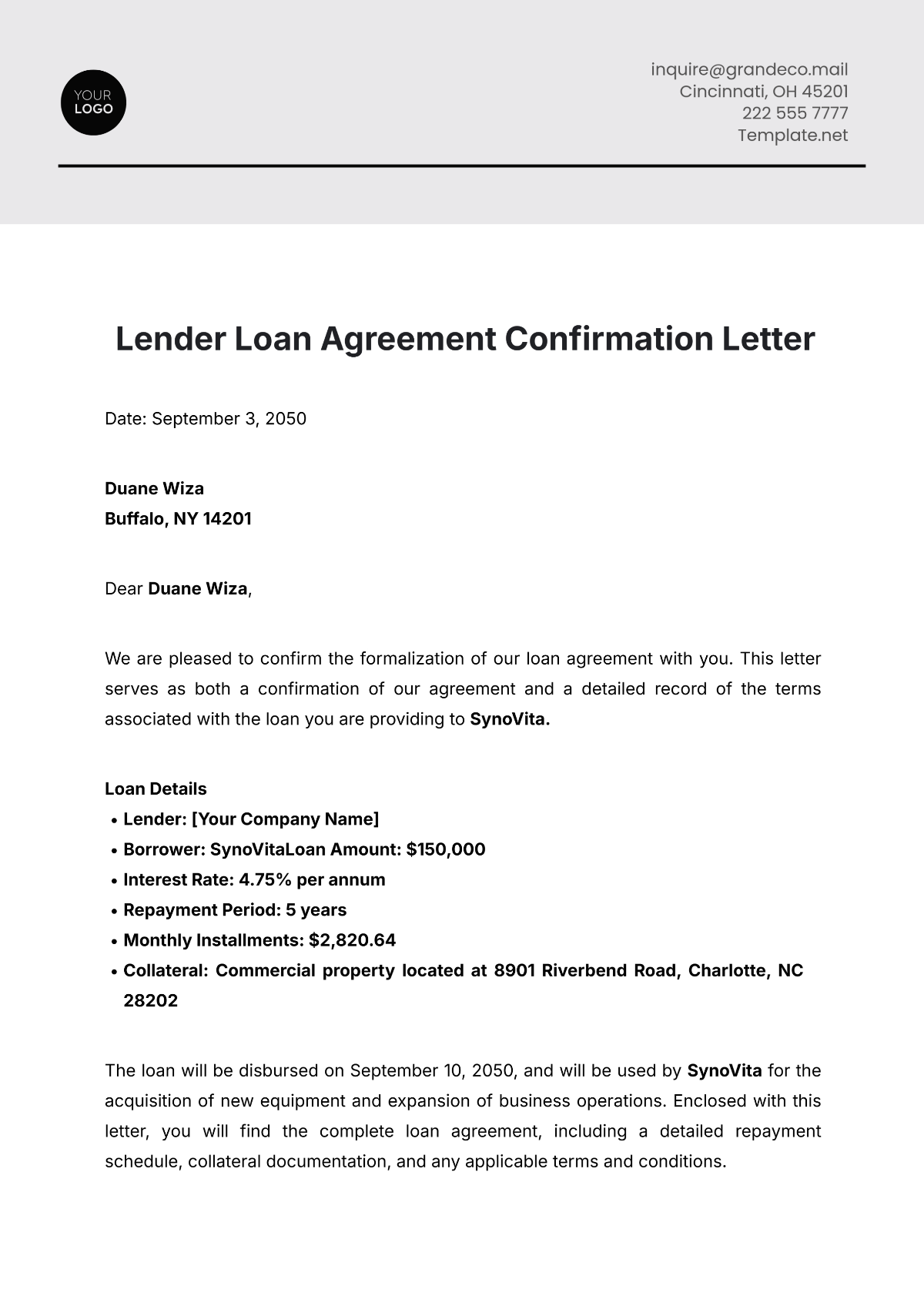 Lender Loan Agreement Letter Template - Edit Online & Download