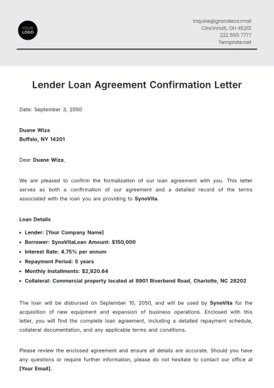 Free Lender Loan Agreement Letter Template to Edit Online