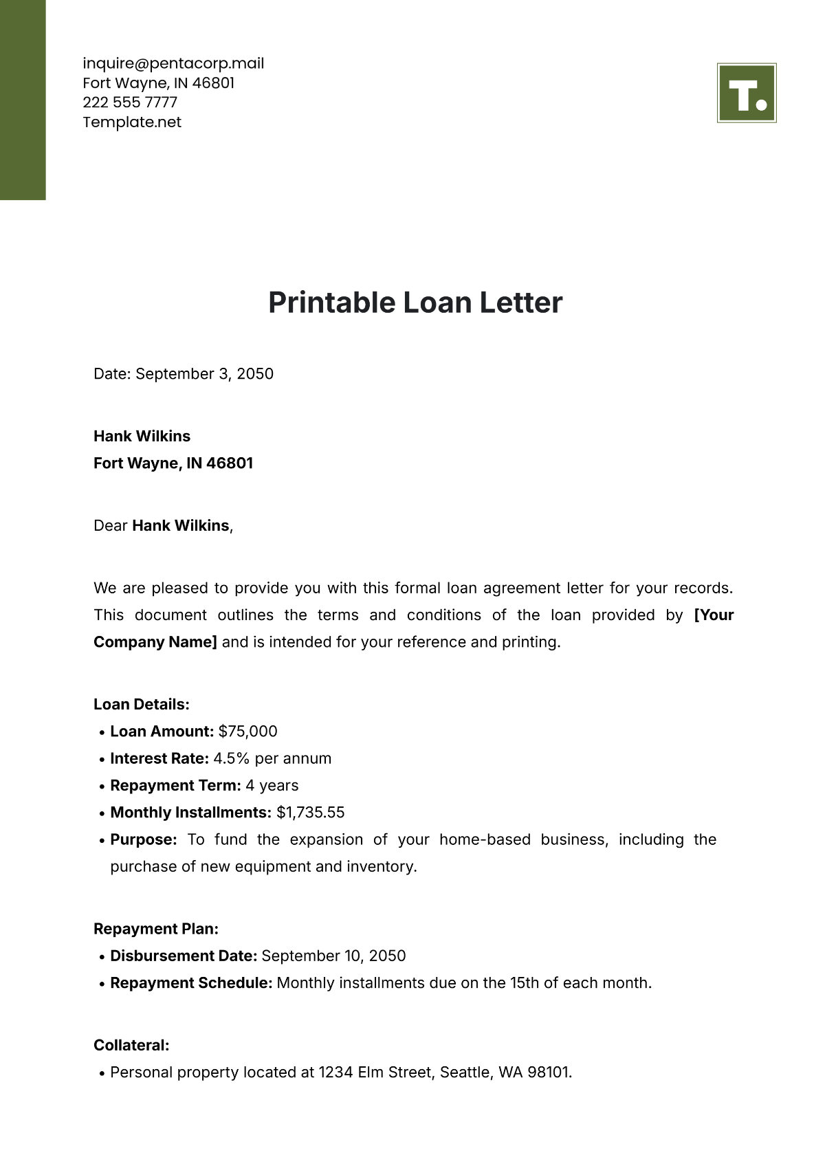 Free Printable Loan Letter Template - Edit Online & Download | Template.net