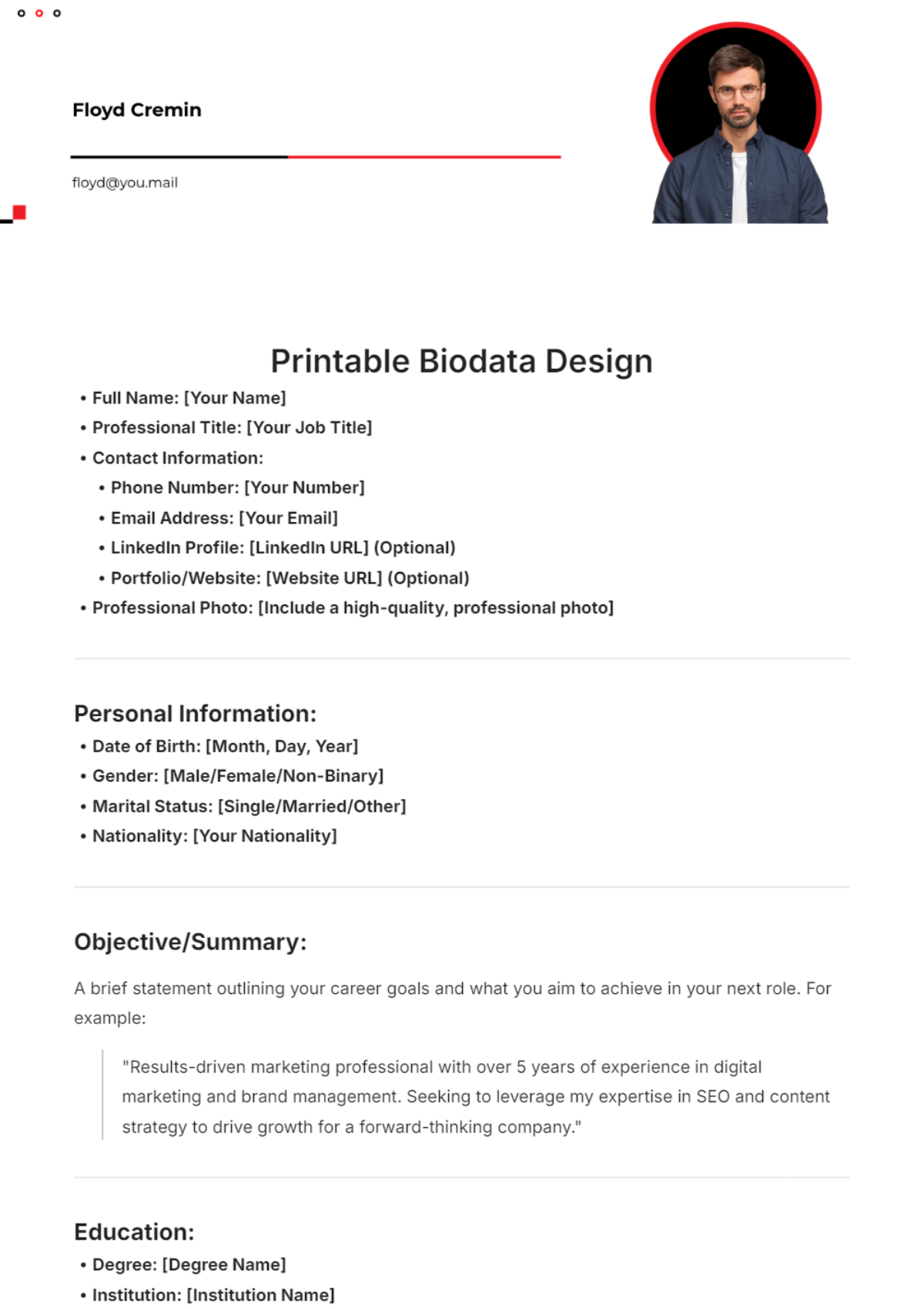 Free Biodata Templates to Edit Online & Print