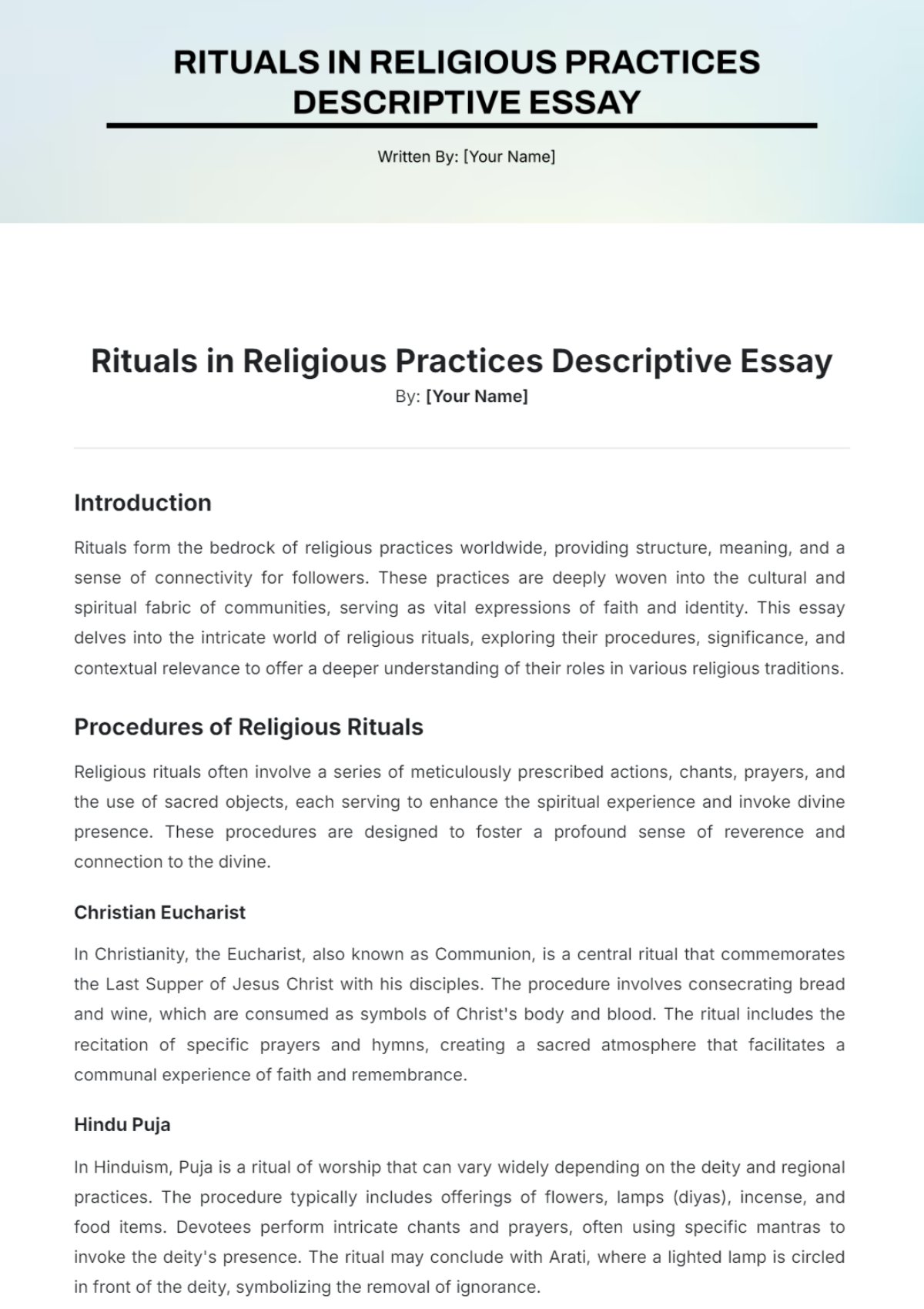 Rituals in Religious Practices Descriptive Essay Template - Edit Online & Download