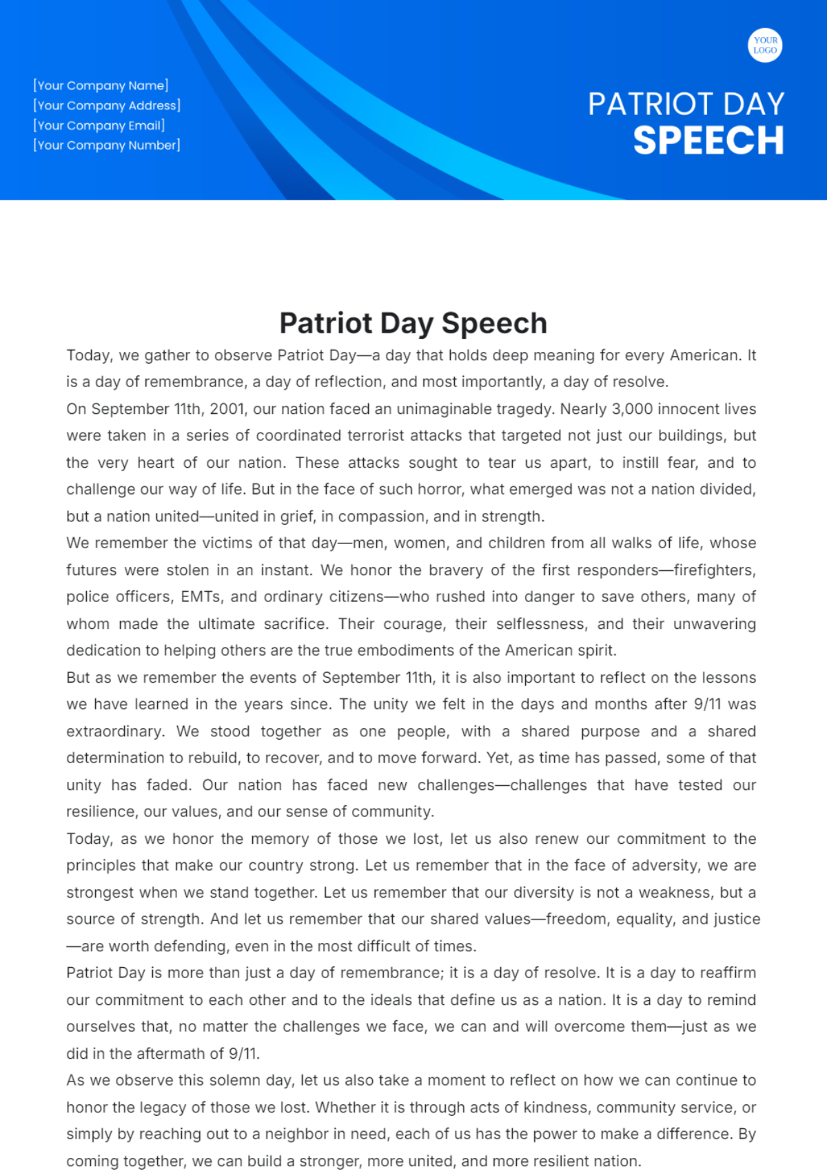 Patriot Day Speech Template - Edit Online & Download