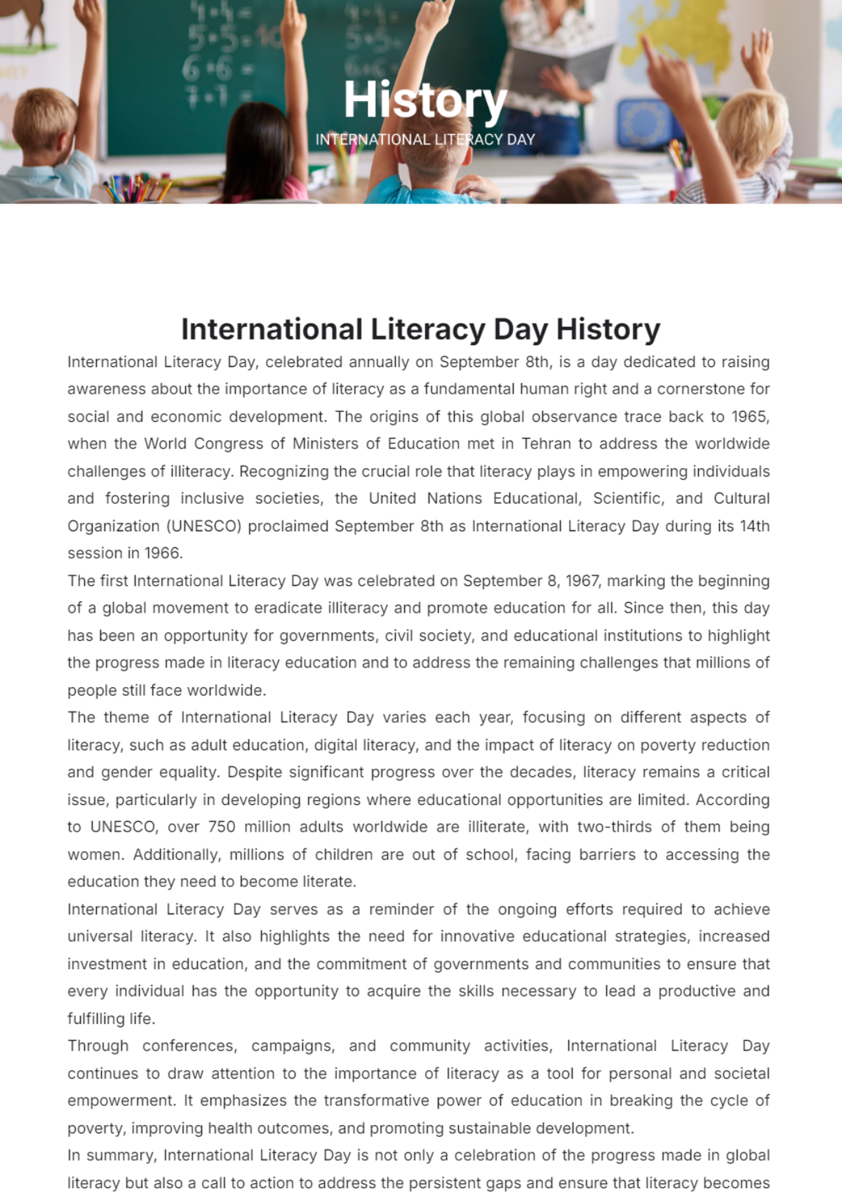 International Literacy Day History - Edit Online & Download