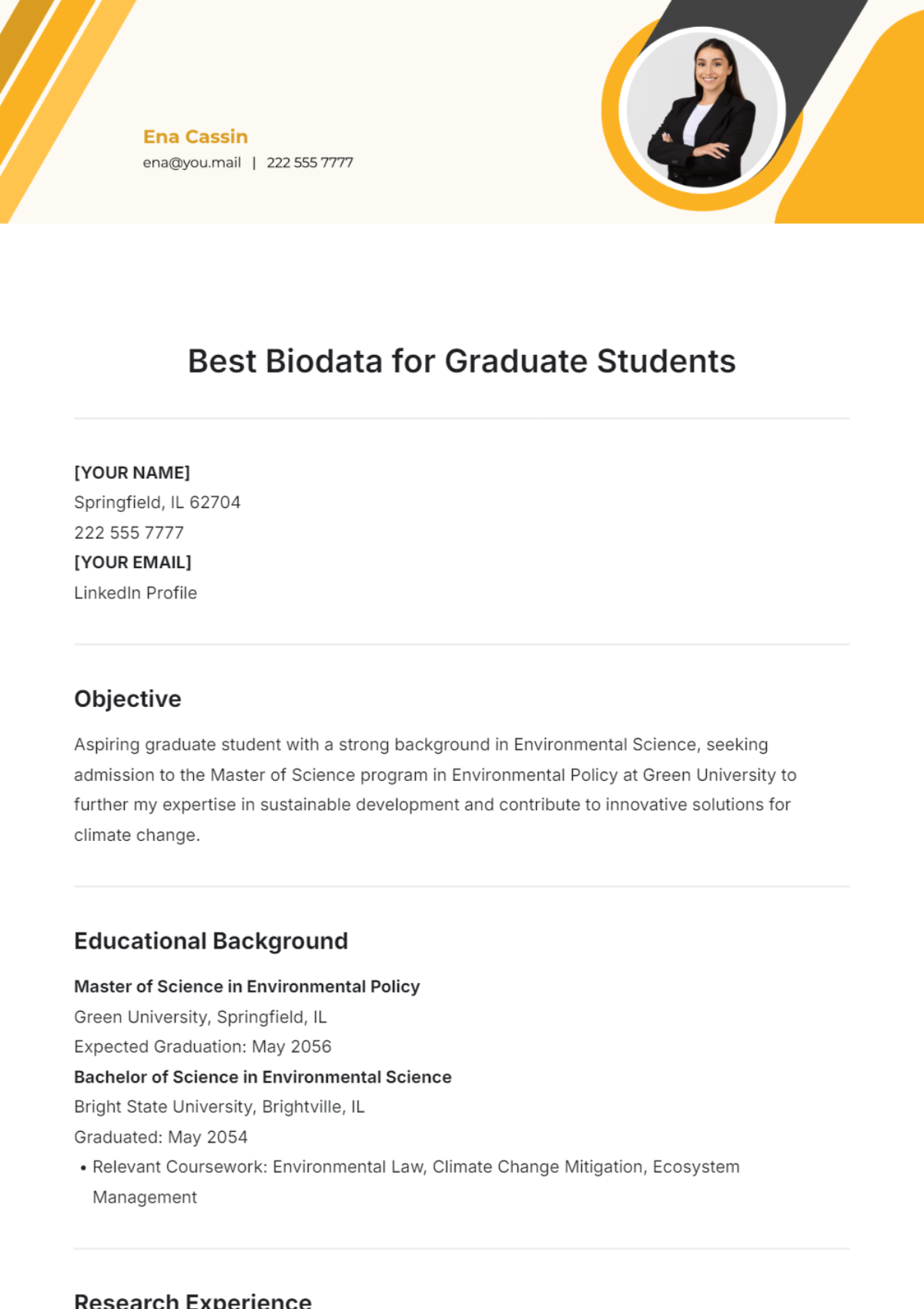 Best Biodata for Graduate Students Template