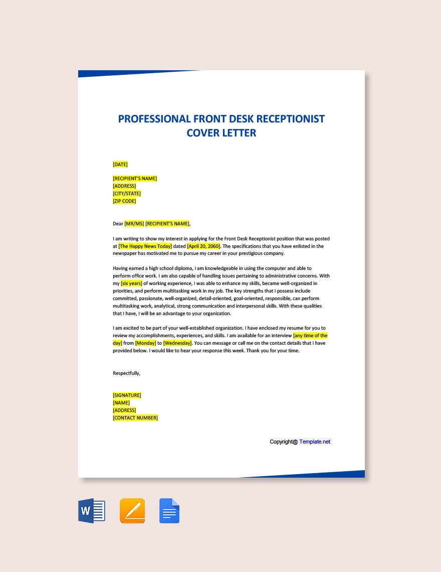 Professional Front Desk Receptionist Cover Letter Template