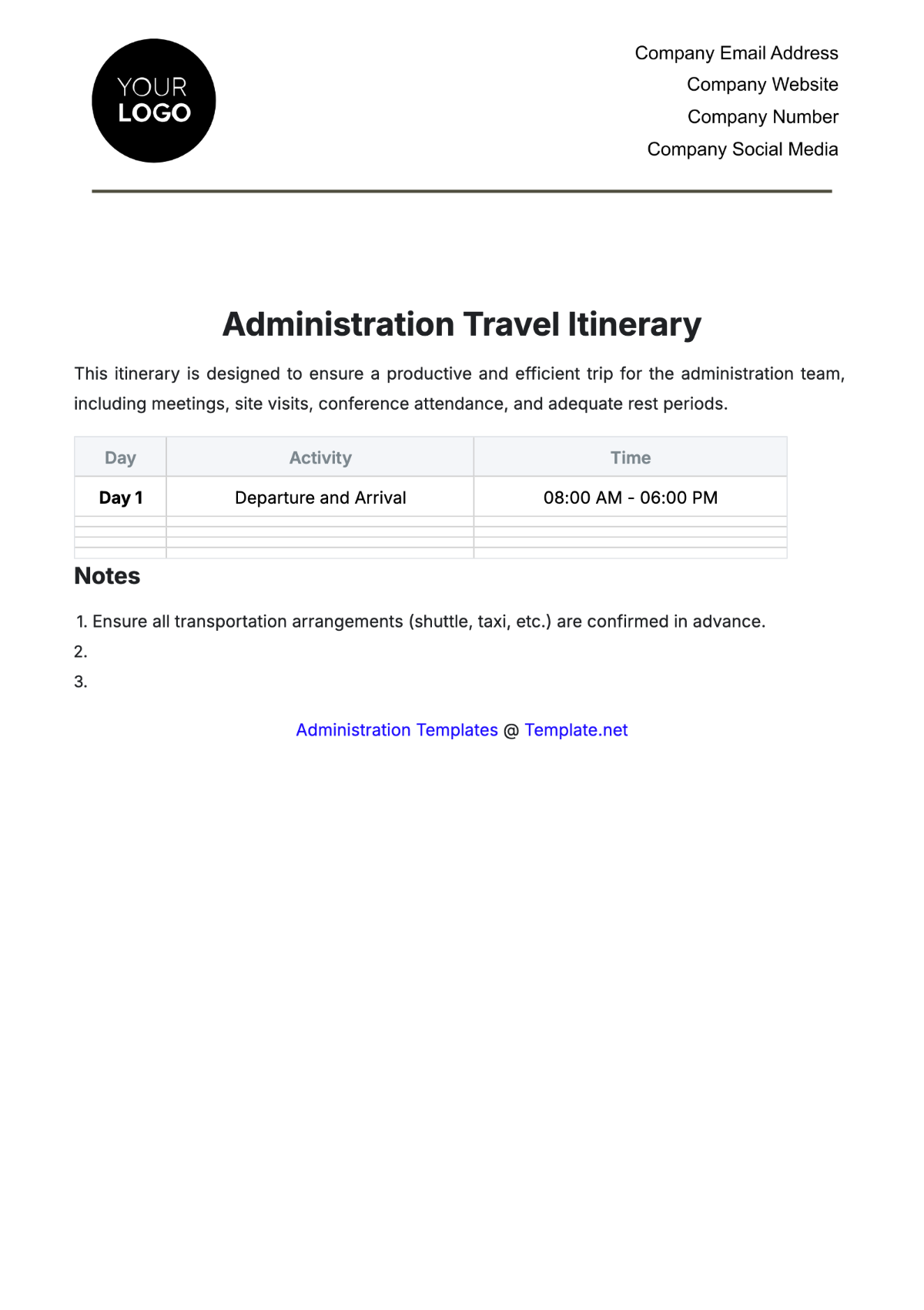 Administration Travel Itinerary Template - Edit Online & Download