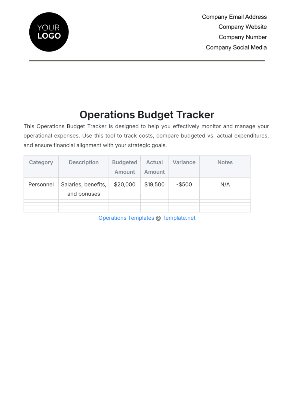 Operations Budget Tracker Template - Edit Online & Download