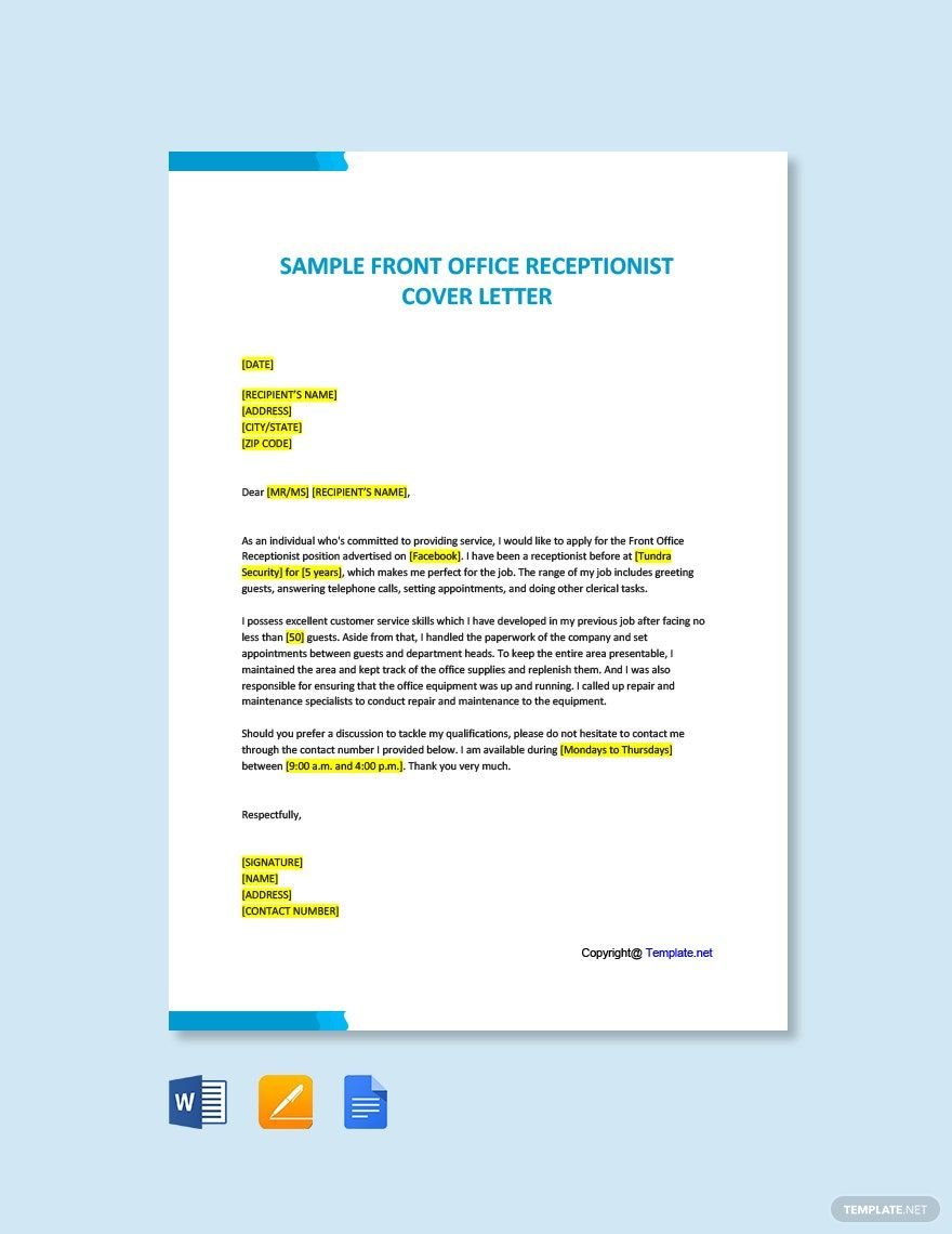 Sample Front Office Receptionist Cover Letter