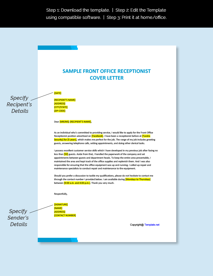 Sample Front Office Receptionist Cover Letter in Word, Google Docs ...