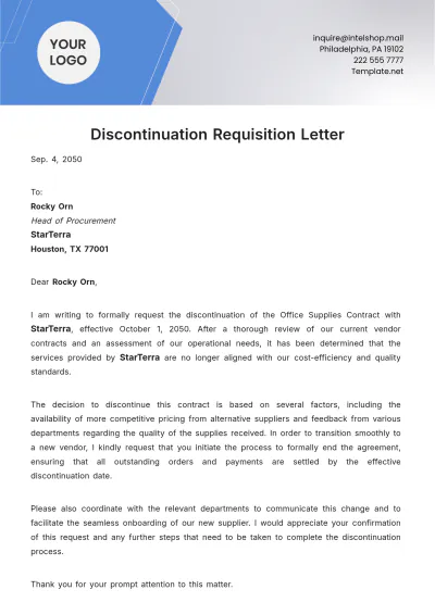 Free Discontinuation Requisition Letter Template to Edit Online