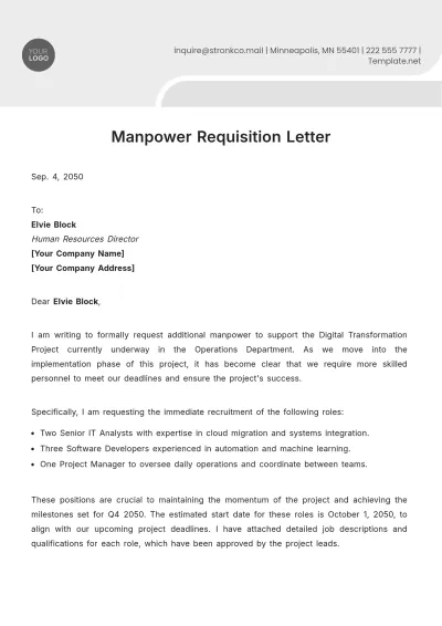 Free Manpower Requisition Letter Template to Edit Online