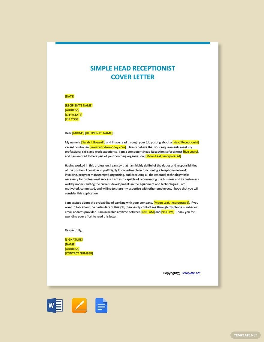Simple Head Receptionist Cover Letter