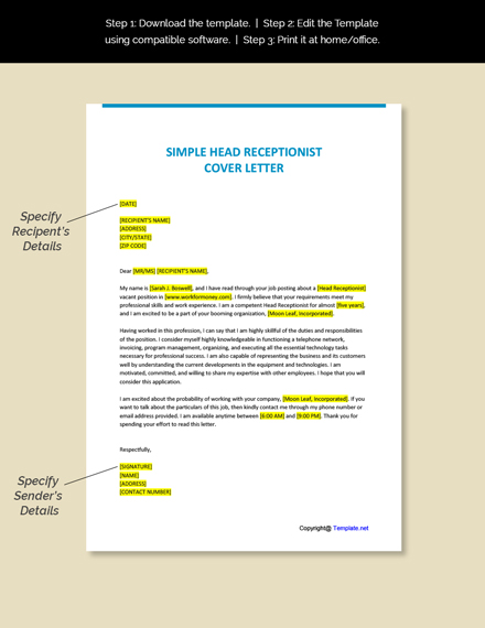 Simple Head Receptionist Cover letter Template