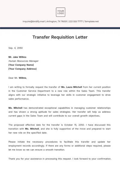 Free Transfer Requisition Letter Template to Edit Online