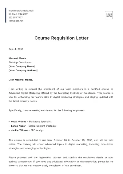 Free Course Requisition Letter Template to Edit Online
