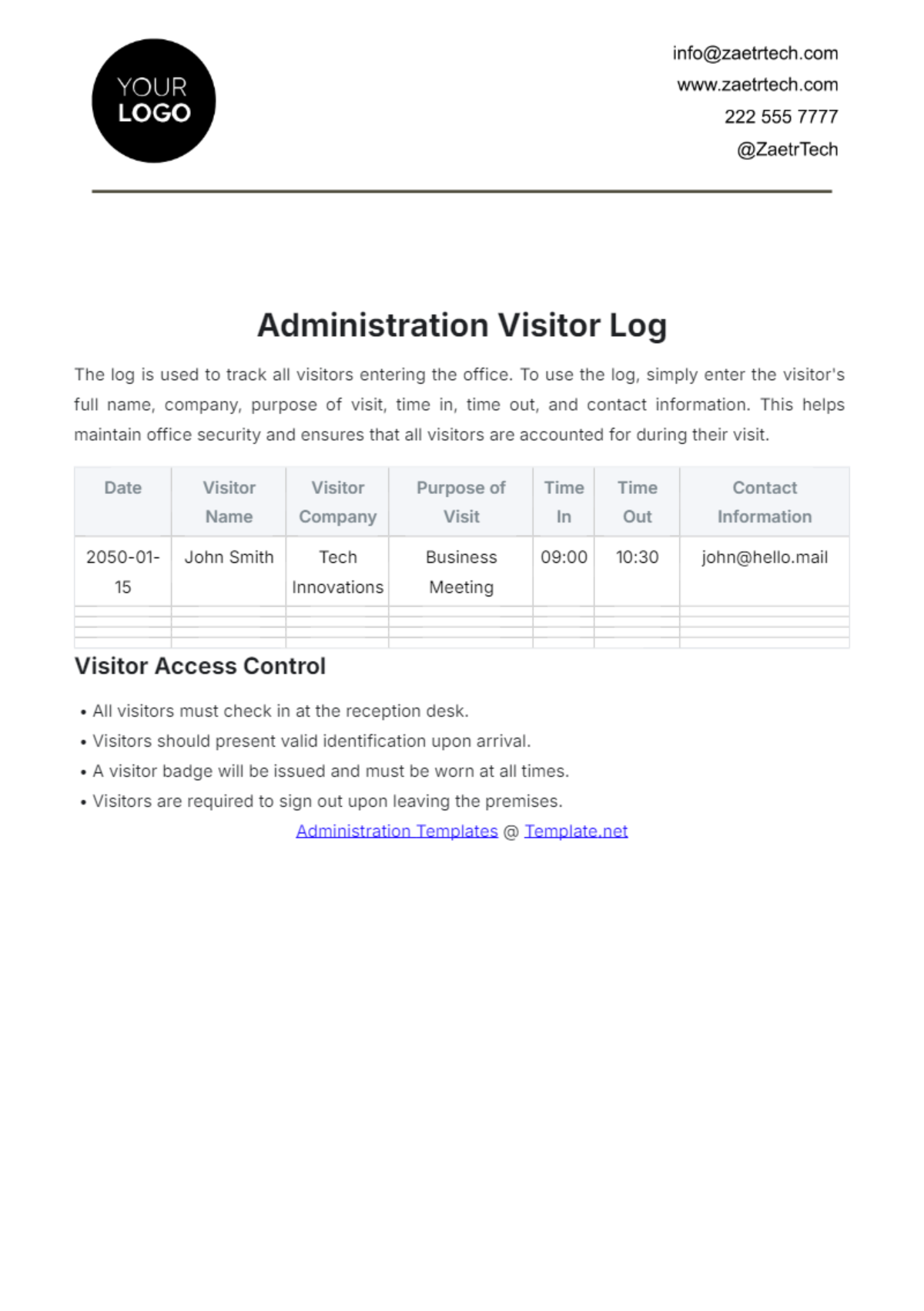 Administration Visitor Log Template - Edit Online & Download