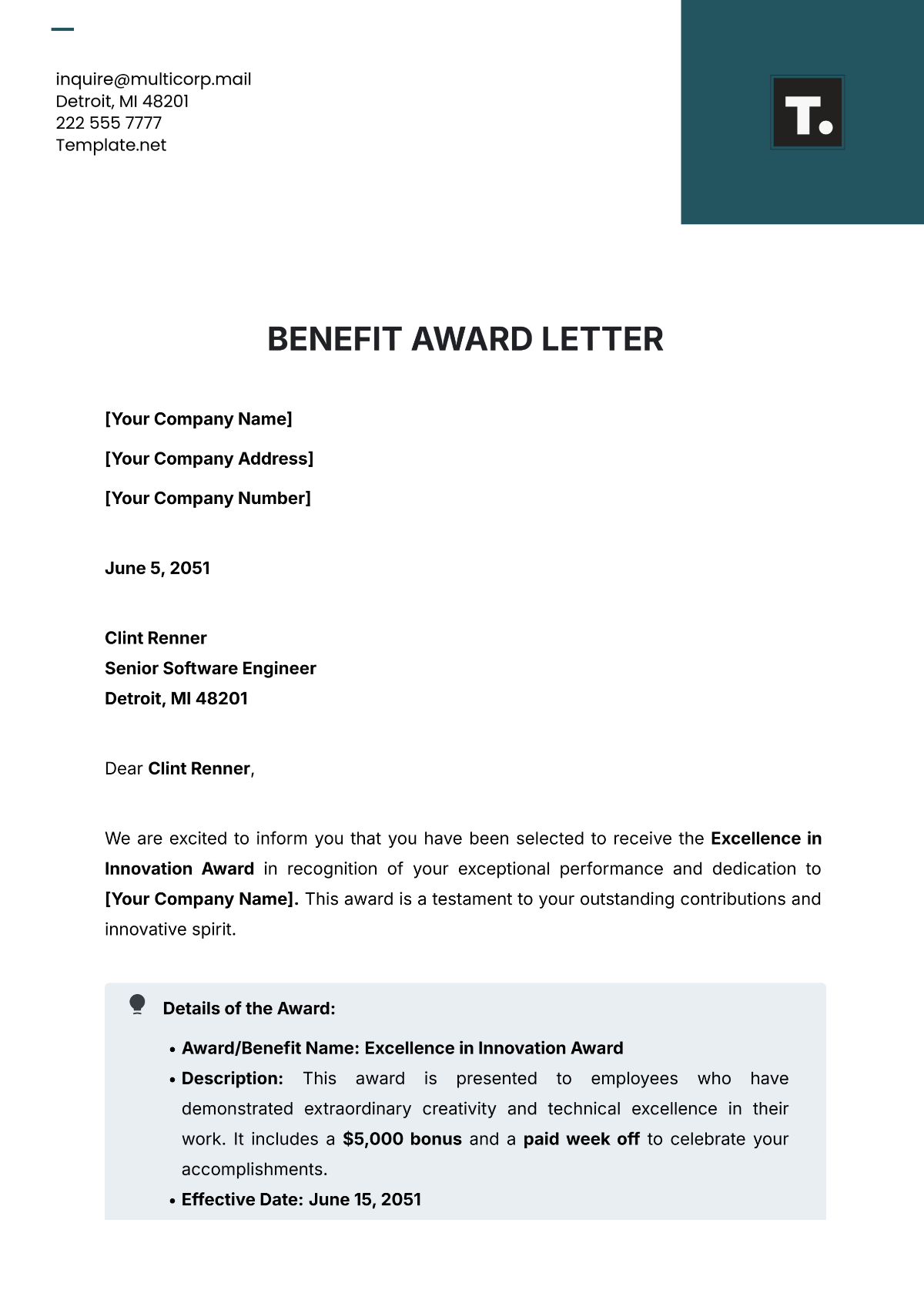 Benefit Award Letter Template - Edit Online & Download