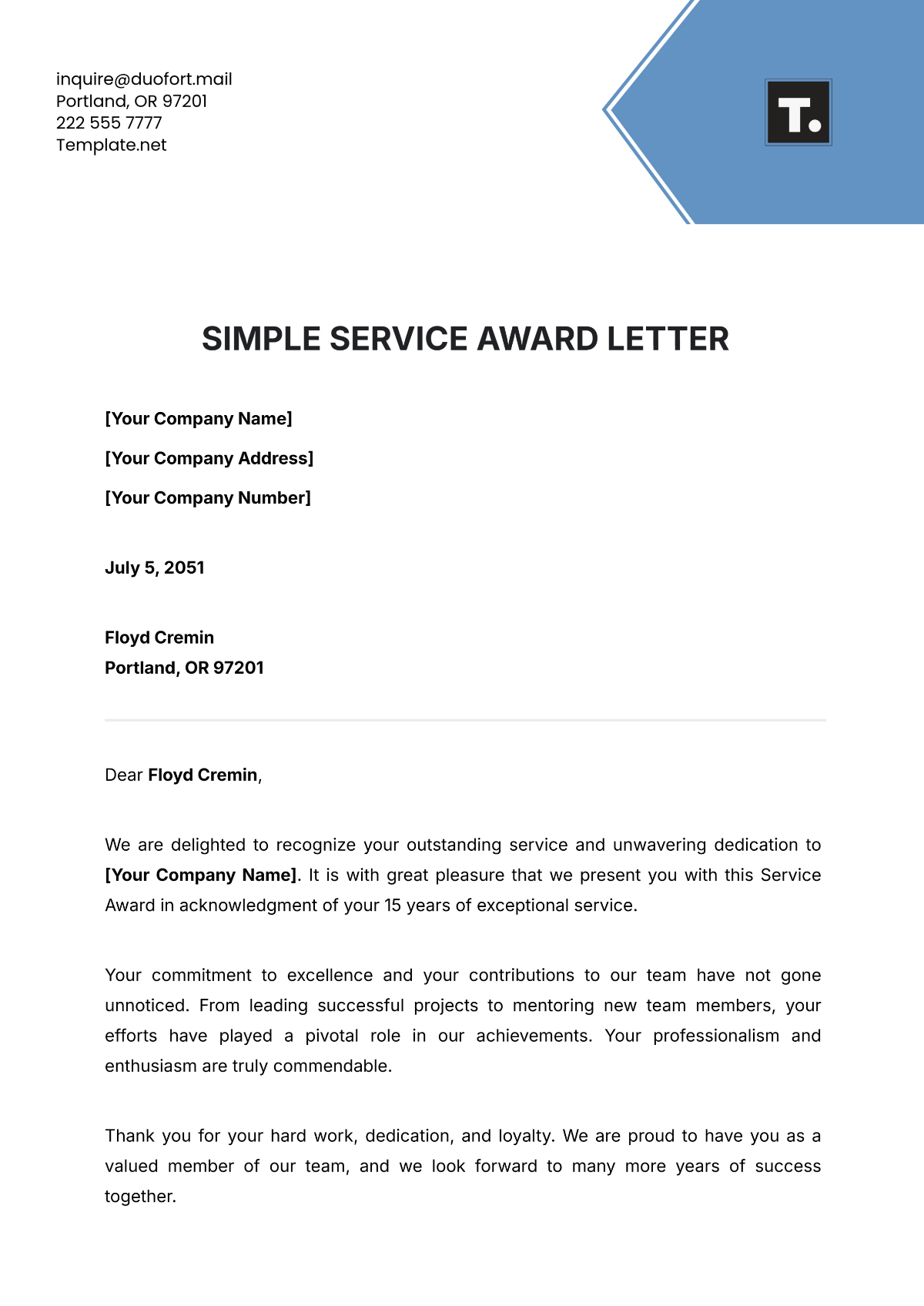 Simple Service Award Letter Template - Edit Online & Download