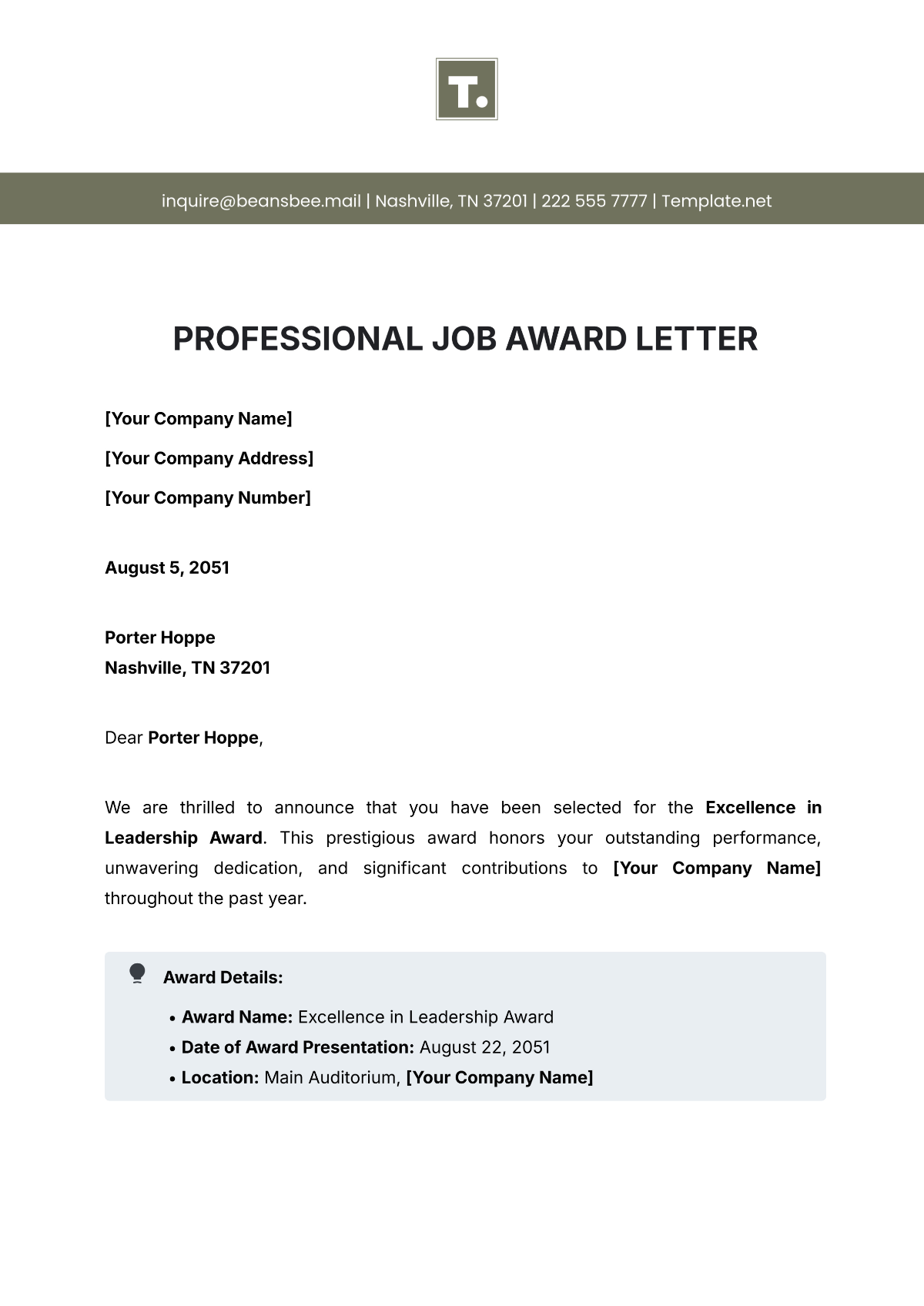 Professional Job Award Letter Template - Edit Online & Download