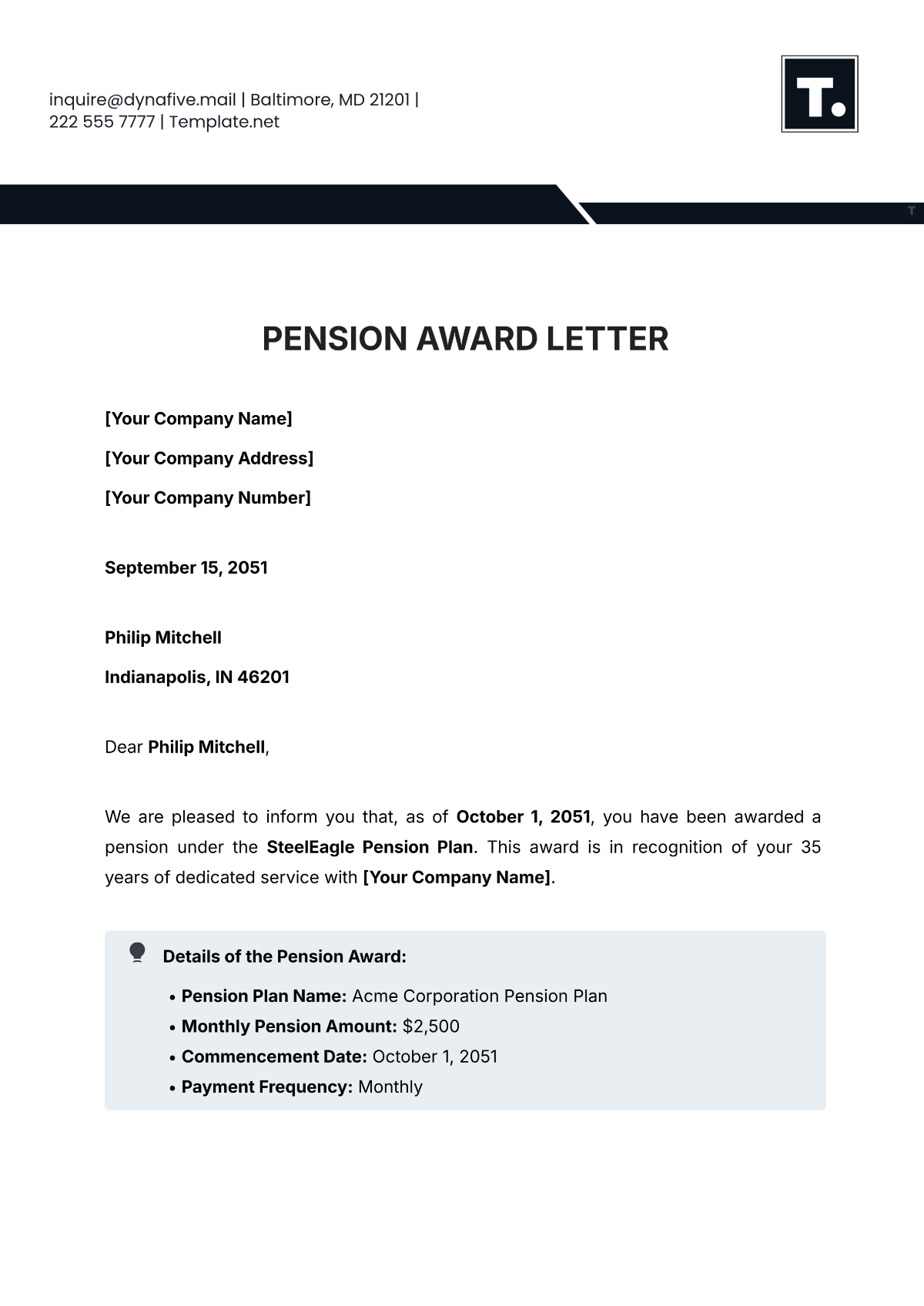 Pension Award Letter Template - Edit Online & Download