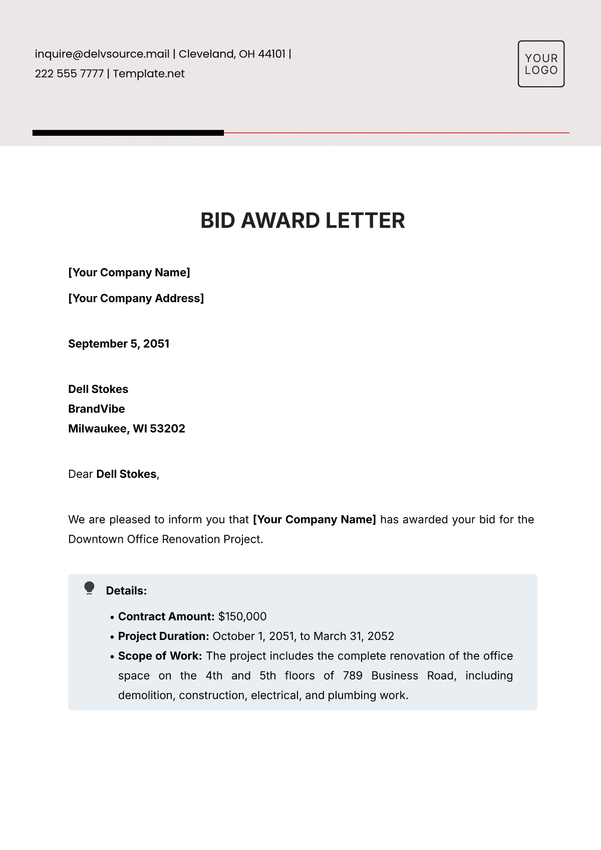 Bid Award Letter Template - Edit Online & Download